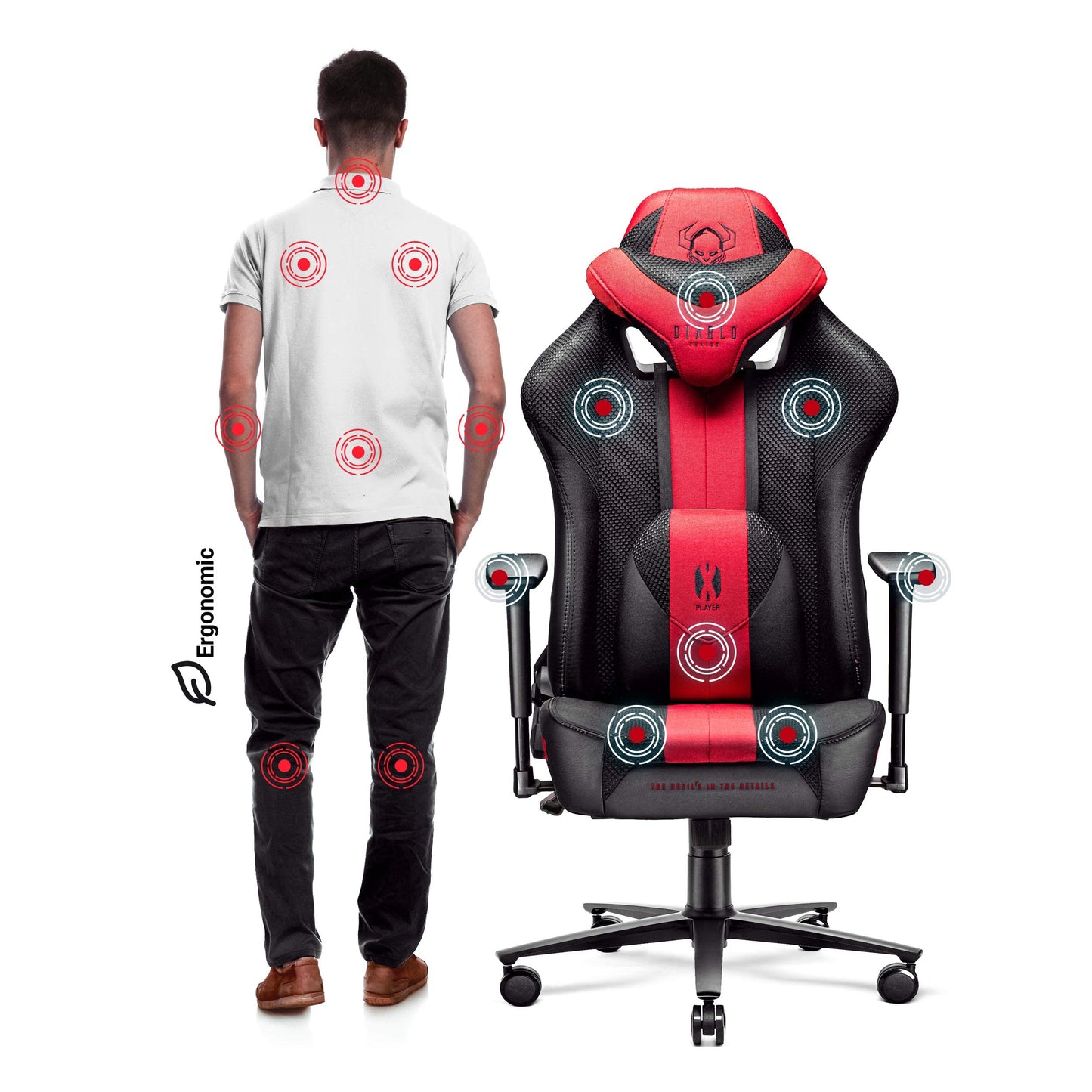 Diablo X-Player Gaming Stuhl Bürostuhl Schreibtischstuhl Stoff 3D Armlehnen Ergonomisches Design Nacken/- Lendenkissen (Frost Black, Normal (L))
