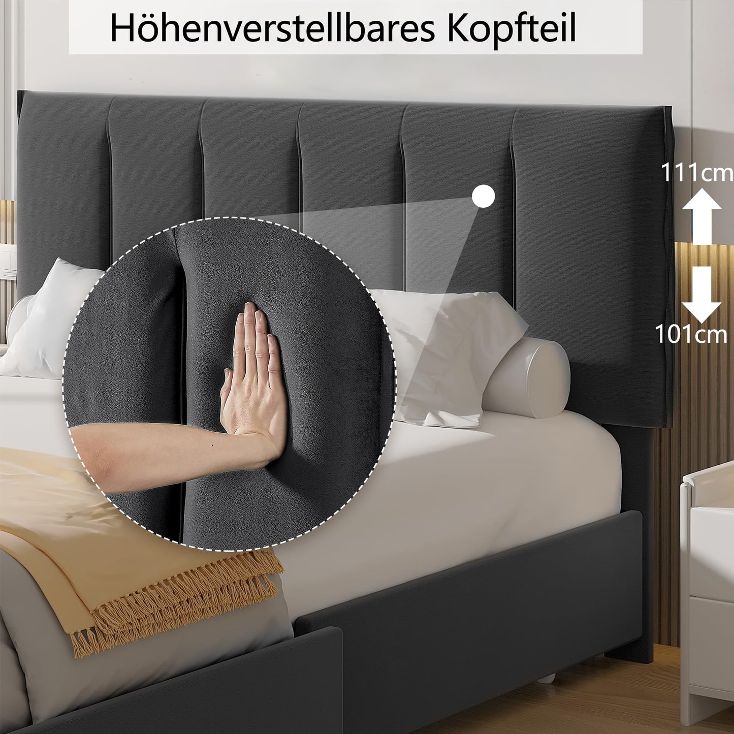 VECELO Upholstered Bed 140 x 200 cm Double Bed with 4 Storage Drawers and Height-Adjustable Headboard, Padded Bed Frame with Slatted Frame and Storage Space, Velvet, Without Mattress, Grey