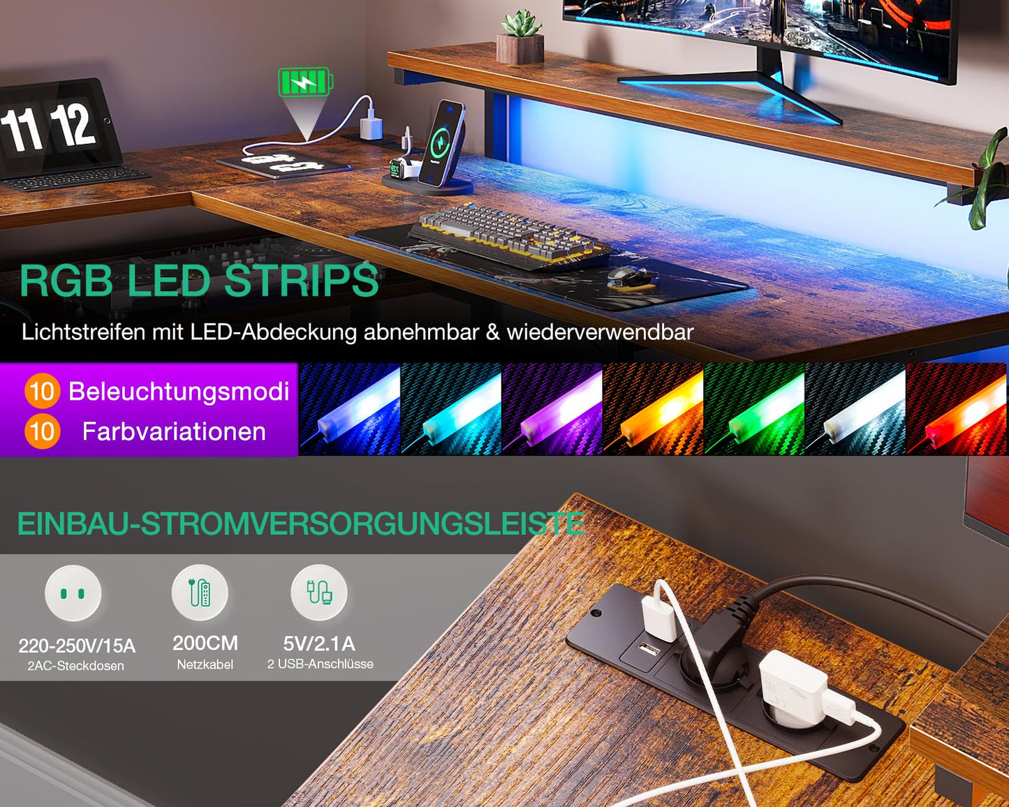 ODK Schreibtisch mit Schubladen, Reversible Eckschreibtisch mit 2 Steckdosen und 2 USB Ladeanschluss, Bürotisch L Form mit LED für Home Office 135×110cm (Graueiche)