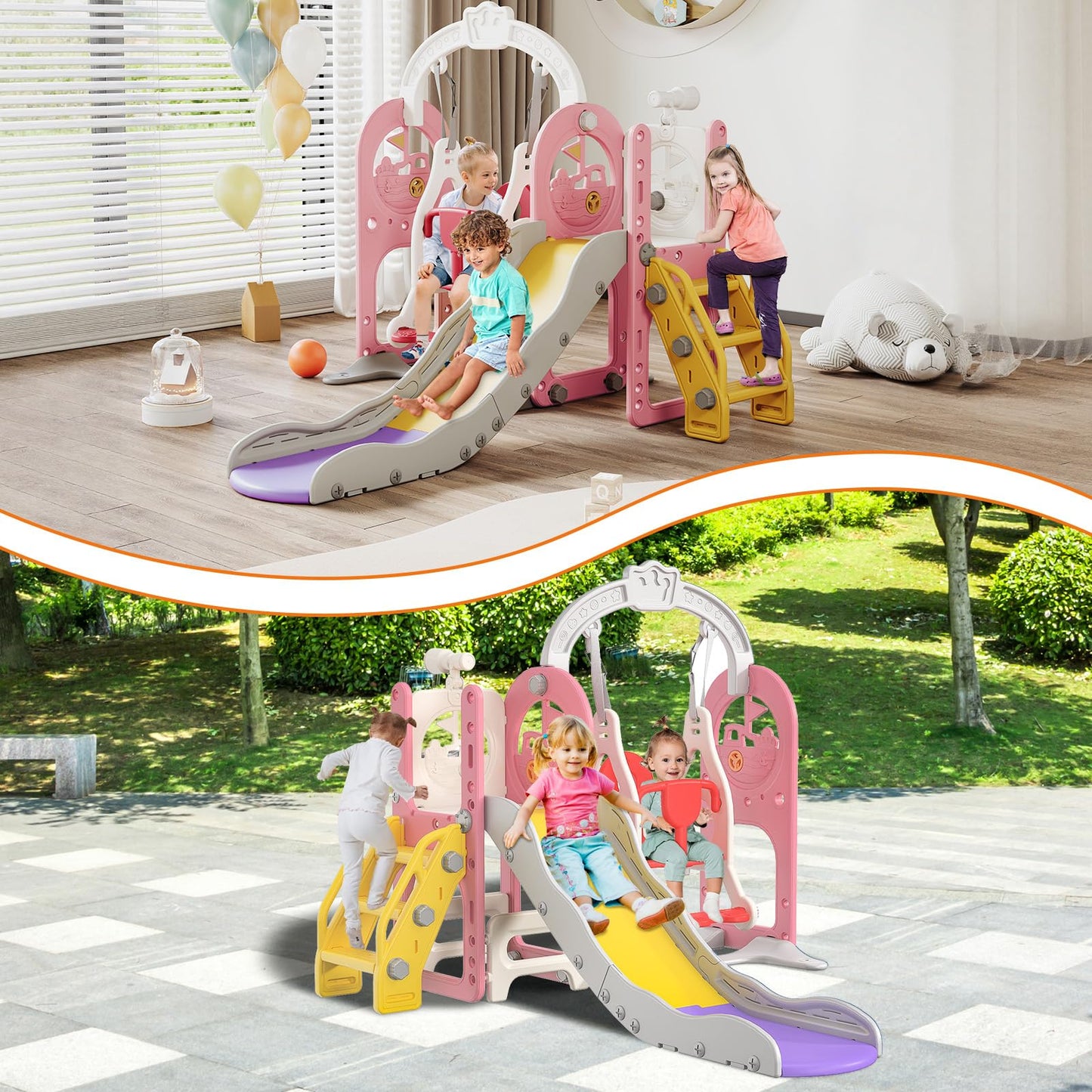 Kinderrutsche, Babyschaukel, 4 in 1, mit Schaukeln, Treppen, Gleiten, Basketballgestellen, Spielplatz für drinnen und draußen, multifunktionale Rutsche (Rosa, Kaninchen)