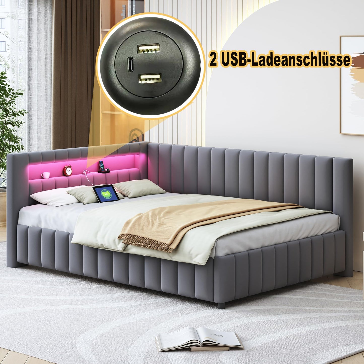 KEYIDE Upholstered Sofa Bed, 140 x 200 cm with LED Lighting and USB Charging, Bed Frame with Wooden Slatted Frame, Day Bed, Guest Bed, Youth Bed, Velvet Fabric, Without Mattress (Grey, 140 x 200)