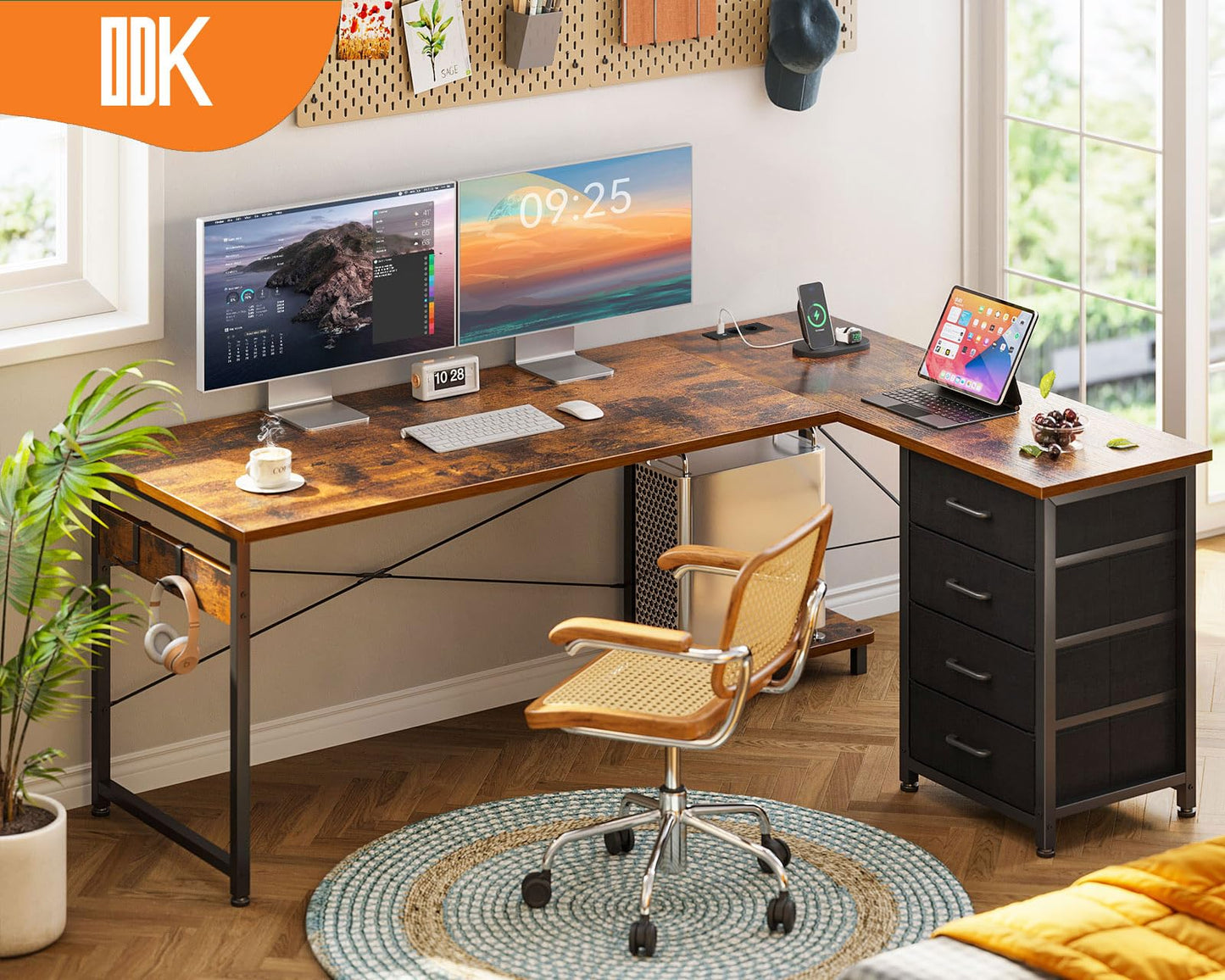 ODK Corner Desk with 4 Drawers, 135 x 100 cm, L Shape Desk with Socket and USB Charging Port, Reversible Desk with Storage Space for Home Office and Gaming, Black