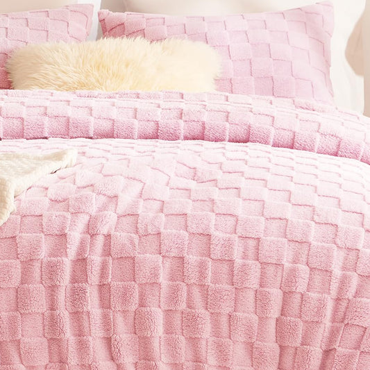CozyLux Queen Size Comforter Set Blush Pink, Fluffy Plush Fleece Comforter with Checkered Pattern, Farmhouse Boho Soft Warm Bed Set, 3 Pieces, 1 Comforter and 2 Pillowcases