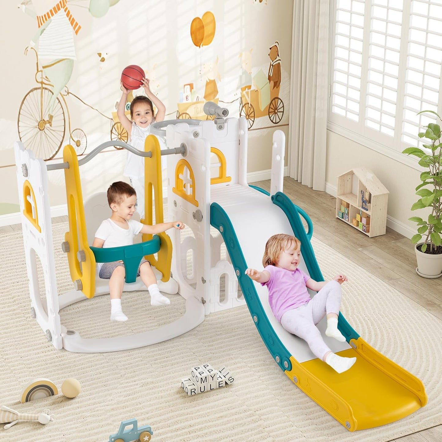 GOPLUS 7 in 1 Kinderrutsche, Kinderrutsche und Kletterspielset mit Leiter, Basketballkorb, Schaukel, Teleskop, Stauraum & rutschfeste Pedale, Indoor Spielplatz für Kinder von 1-3 Jahren (Gelb+Grün)