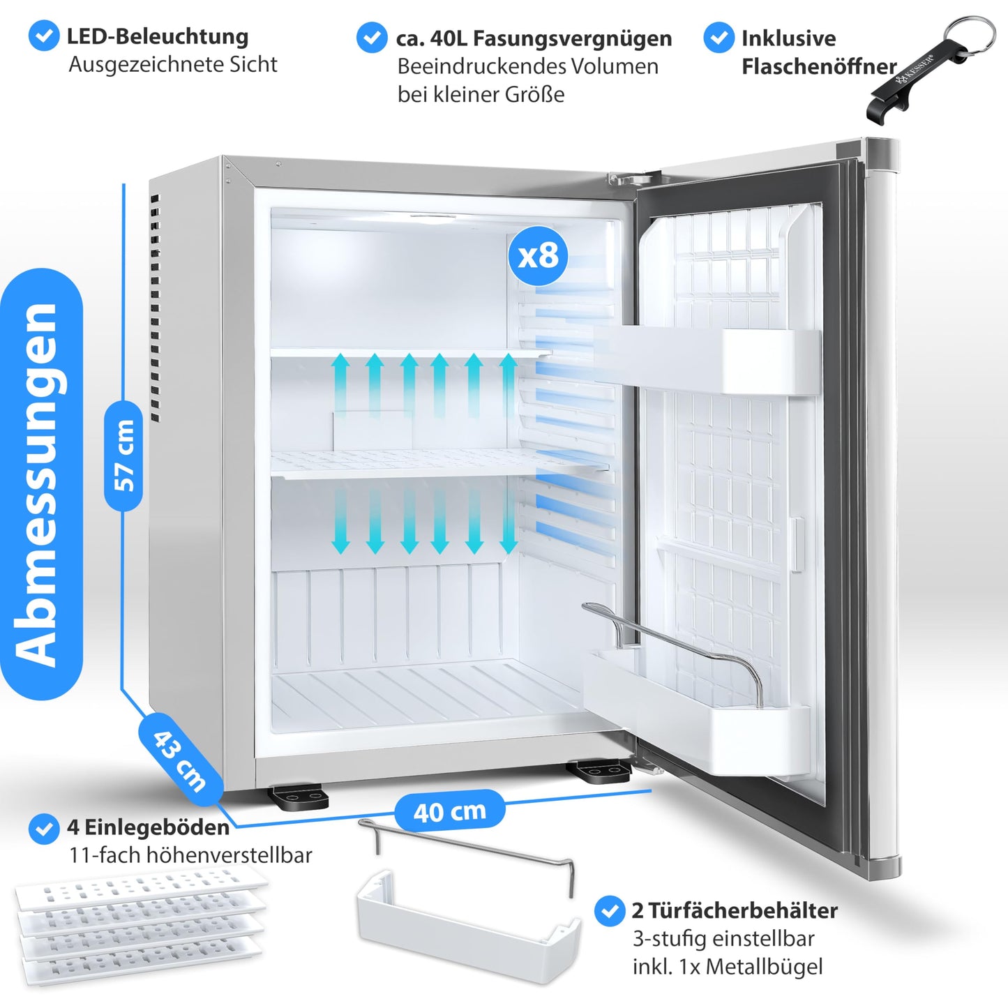 KESSER® Mini Fridge 40 L Lockable Mini Bar Ideal for Camping, Office, Bedroom, Hotel, Kitchen, Small Fridge Completely Silent, Interchangeable Door Hinge, Interior Lighting with Glass Opener