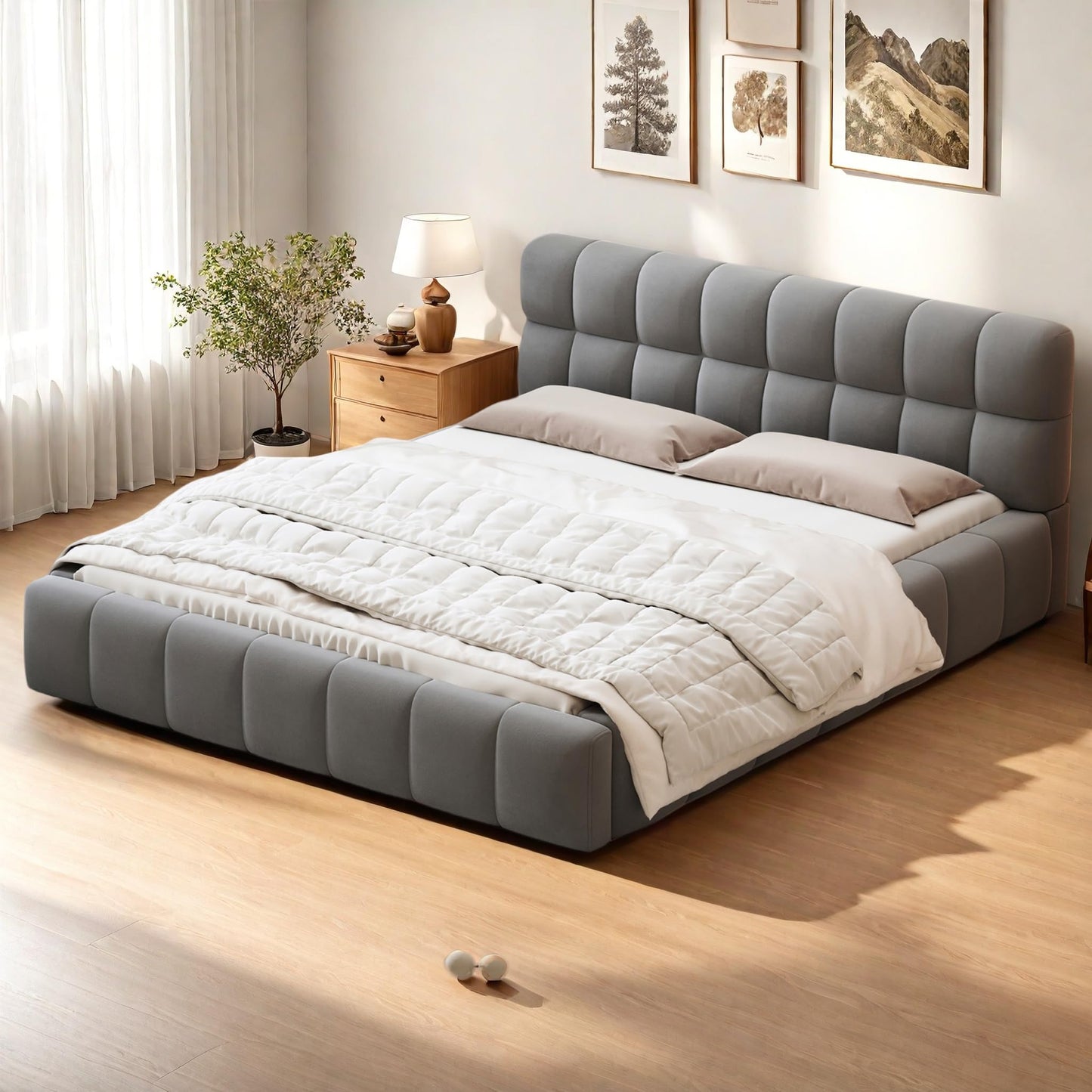 DULRLLY Bubble Bett Polsterbett 140x200 cm,Doppelbett mit Lattenrost, Jugendbett mit Gepolstertes Kopfteil, Gepolstertes Bett für Schlafzimmer und Gästezimmer,ohne Matratze, Leinenstoff (Weiß)