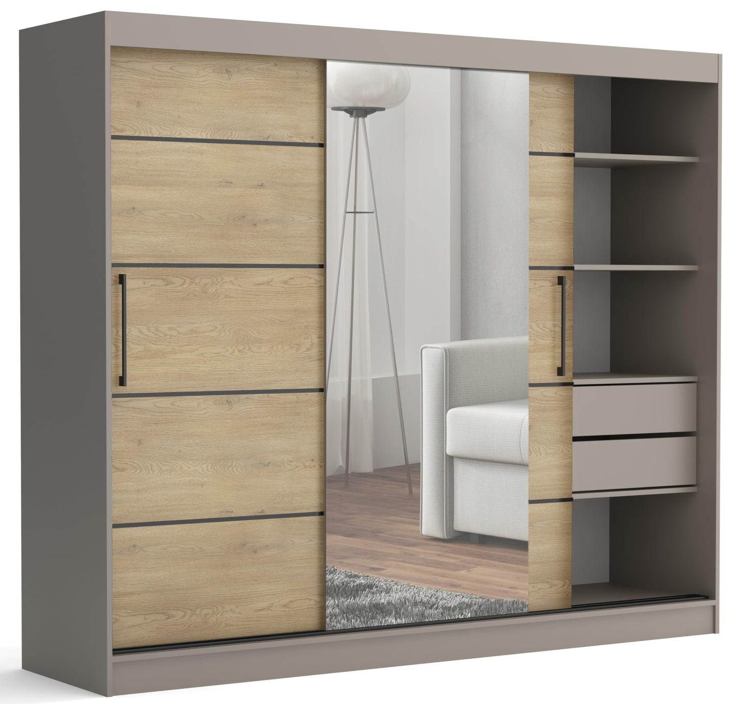 Brent - Kleiderschrank mit Spiegel und Schubladen 235cm Breit Chelsea Tomy, Schwebetürenschrank mit Spiegel, Schlafzimmerschrank, Kleiderschrank Schwarz