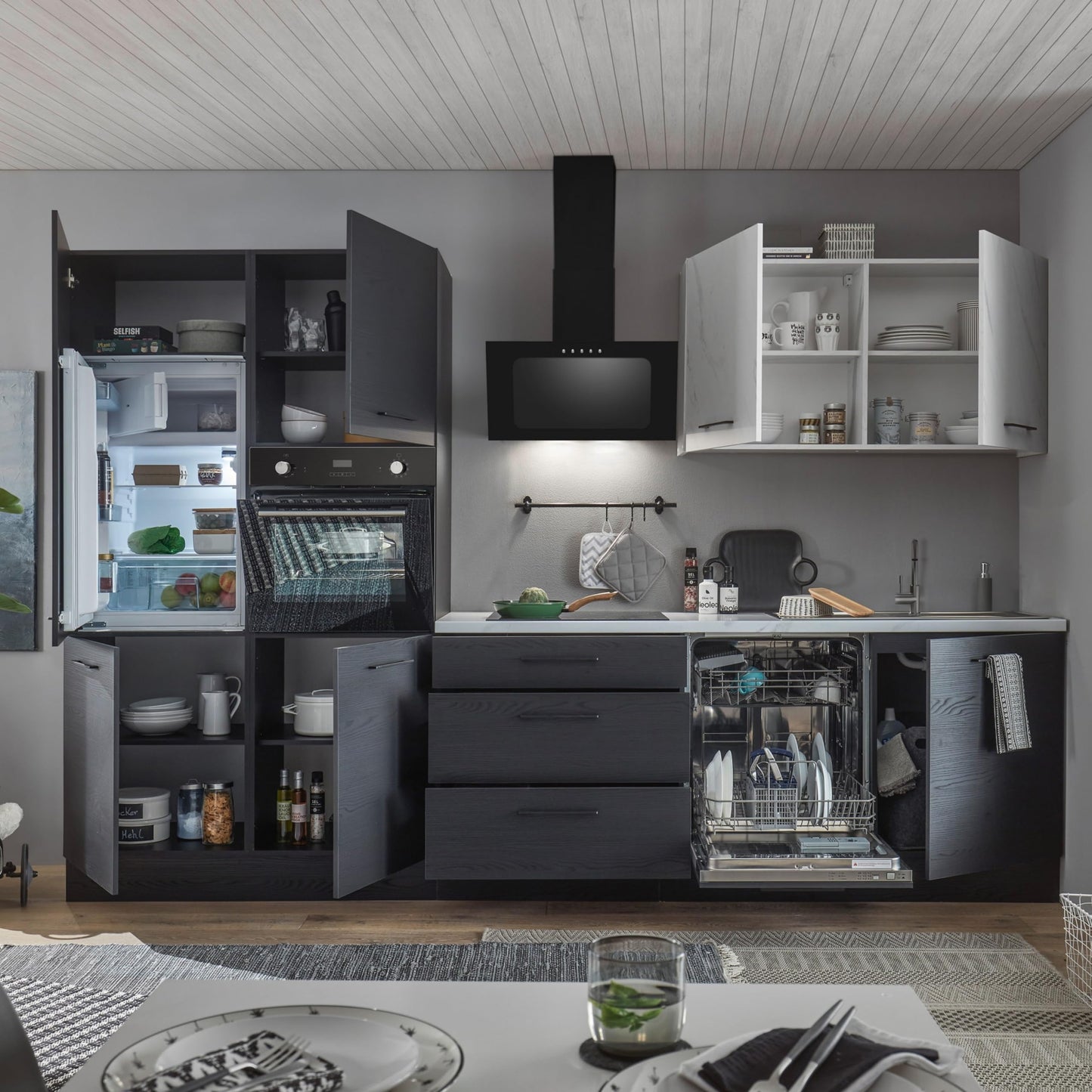 NEW YORK Moderne Küchenzeile ohne Elektrogeräte in Graphit Schwarz, Marmor Optik FSC-zertifiziert - Geräumige Einbauküche mit viel Stauraum - 320 x 210 x 60 cm (B/H/T)
