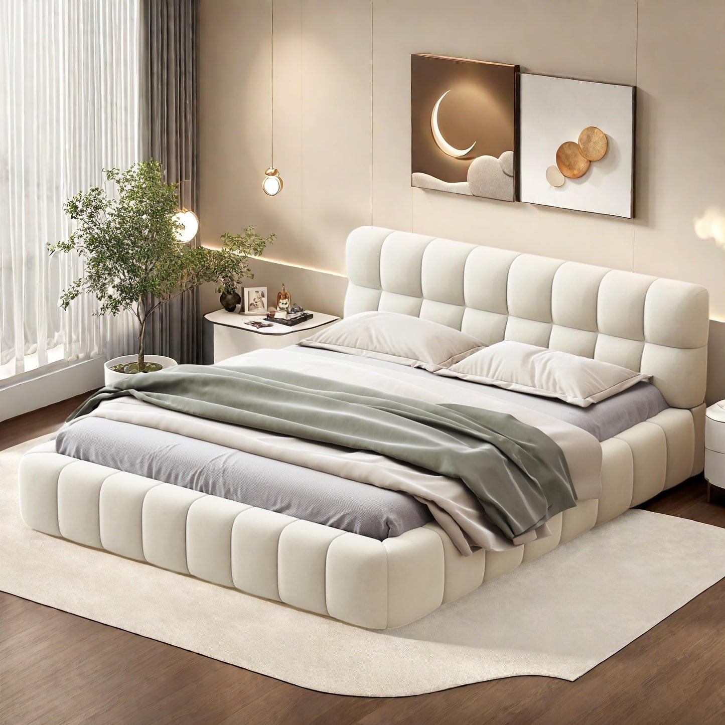 DULRLLY Bubble Bett Polsterbett 140x200 cm,Doppelbett mit Lattenrost, Jugendbett mit Gepolstertes Kopfteil, Gepolstertes Bett für Schlafzimmer und Gästezimmer,ohne Matratze, Leinenstoff (Weiß)