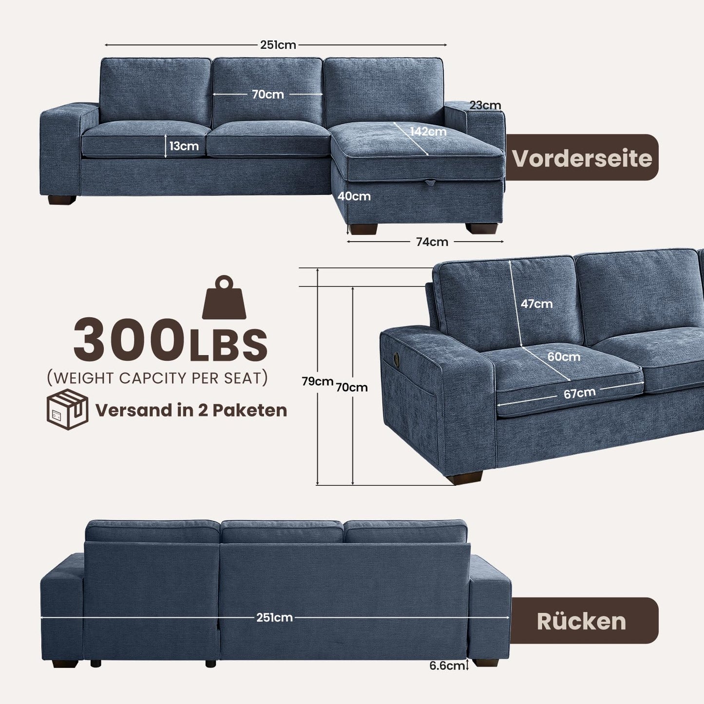 DUANDUAN 250CM Convertible Sektionssofa Couch mit Chaise Lagerung, Moderne L-förmige Reversible Design, Bequeme Chenille Stoff, abnehmbare Kissenbezüge USB Typ-C Ports Wohnzimmer(Beige)