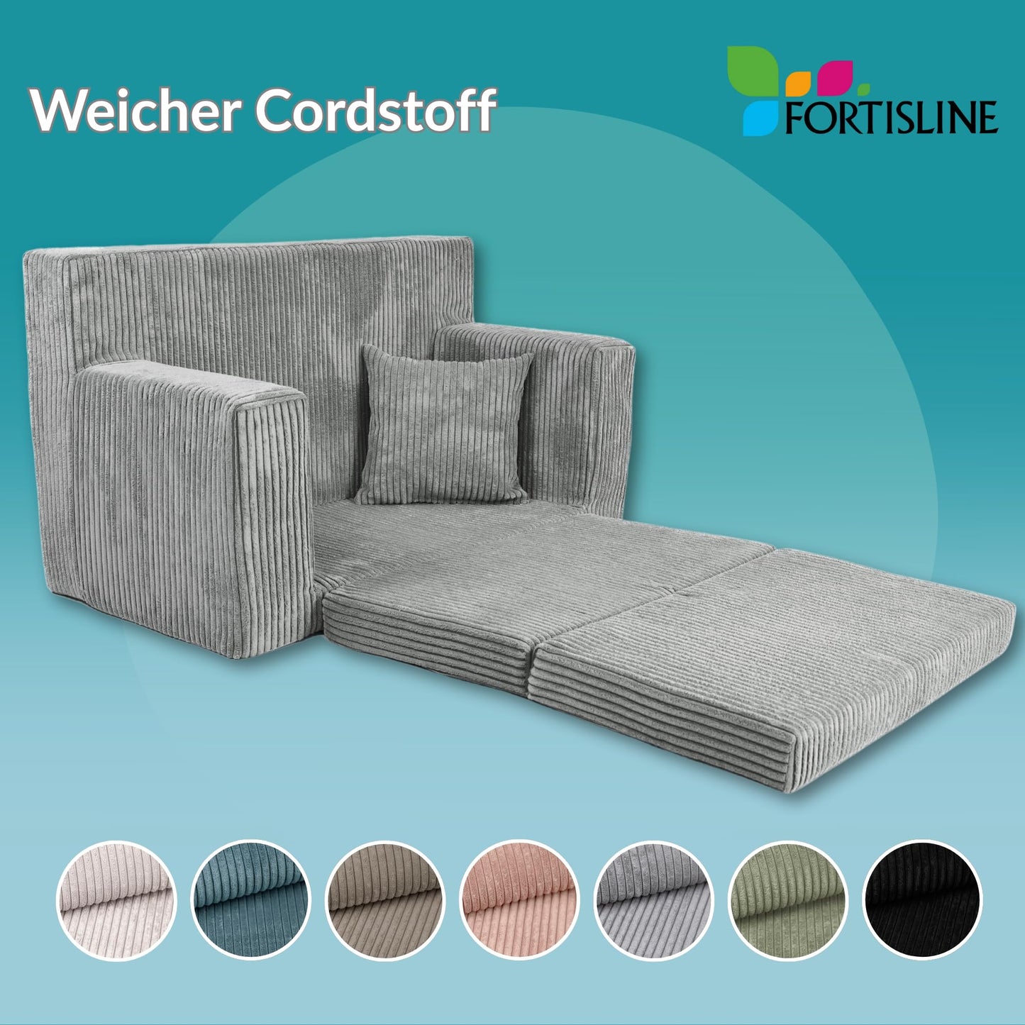 FORTISLINE - Kindersofa ausklappbar 83x47x43cm Oeko-TEX - Spielesofa für Kinder 2in1 - Kindercouch Aufklappen Bettfunktion - Schlafcouch aus Schaumstoff - Kuschel-Cord - Viele Muster (Grau)