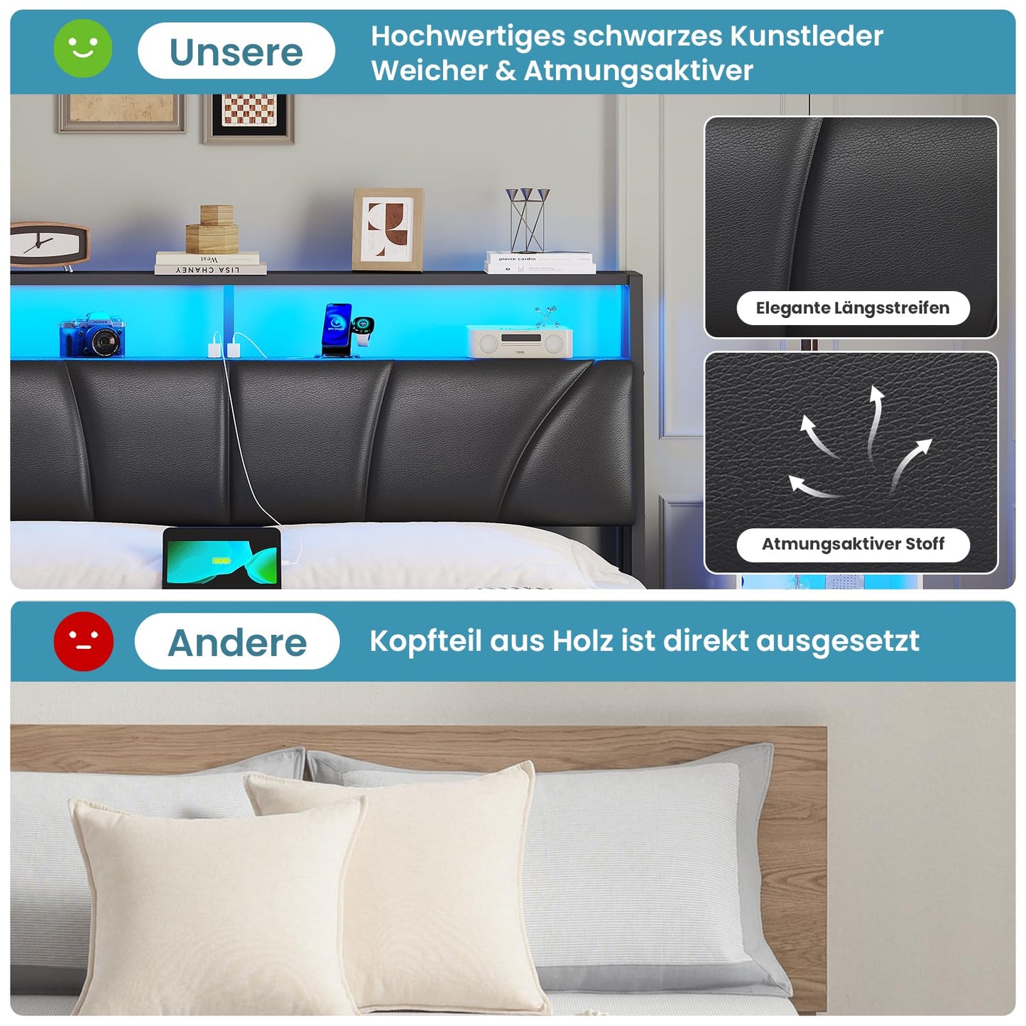 Brinlawb Bed 140 x 200 cm with Metal Slatted Frame, Bed Frame 140 x 200 cm with LED Lighting, Metal Bed 140 x 200 cm with Headboard and Charging Station (2 AC Sockets, 2 USB Ports), Youth Bed, Double