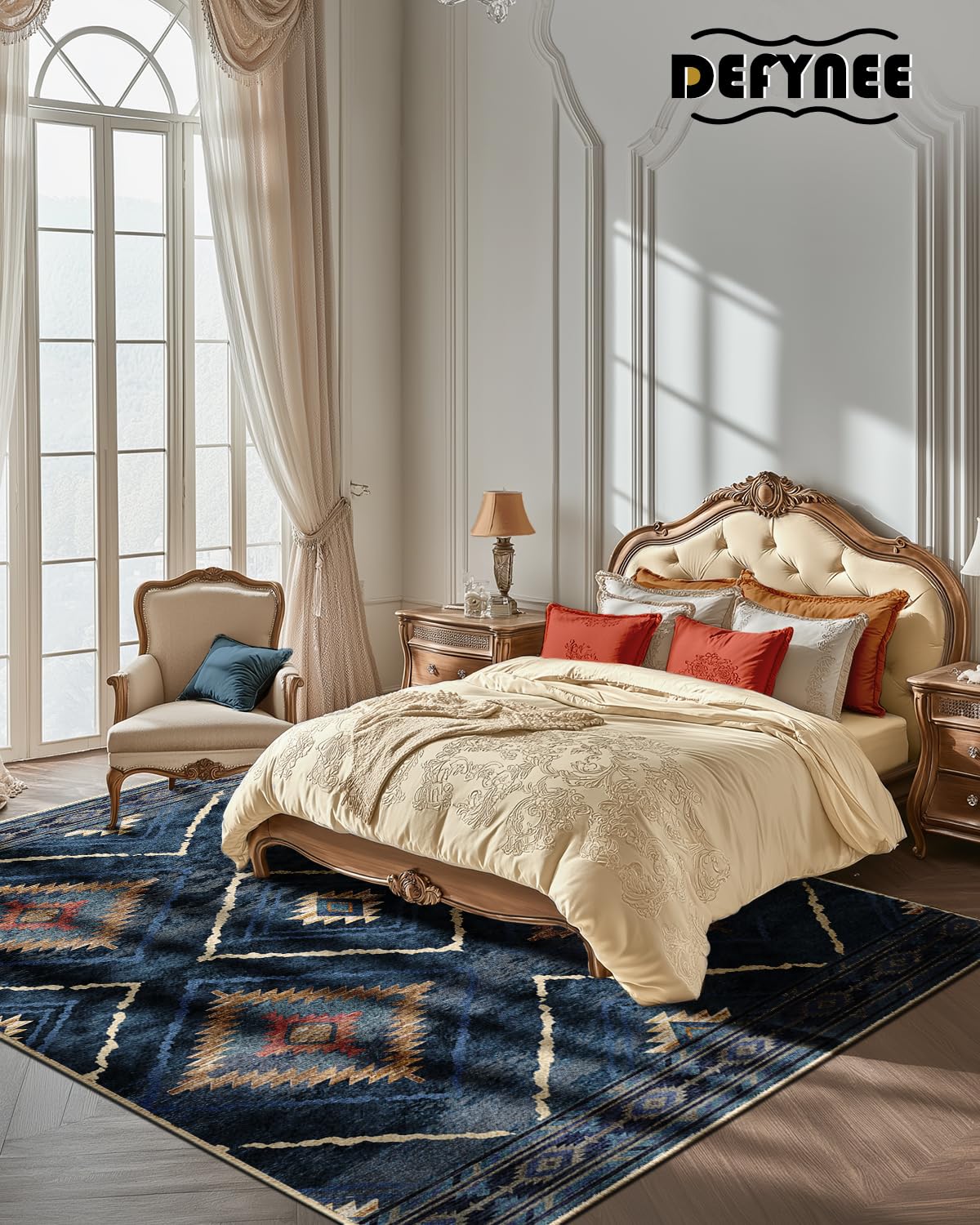 DEFYNEE Teppich Wohnzimmer 120 x 180 cm – Waschbarer Kurzflor Teppich, rutschfest, Vintage & Boho Stil, Pflegeleicht – Für Flur, Wohnzimmer, Schlafzimmer & Esszimmer, Dunkelblau