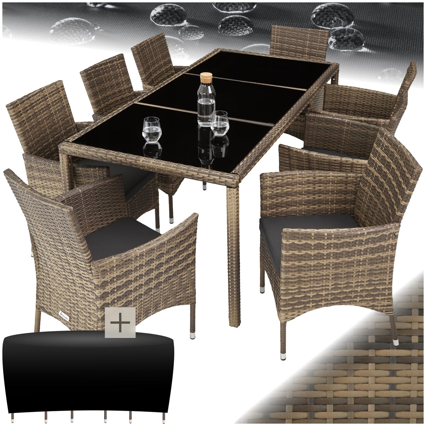 tectake® edles Outdoor Gartenmöbel Set Rattan Sitzgruppe mit Sessel und Tisch für 8 Personen, inkl. Schutzhülle und Polstern, Balkon Möbel wetterfest - Natur/dunkelgrau