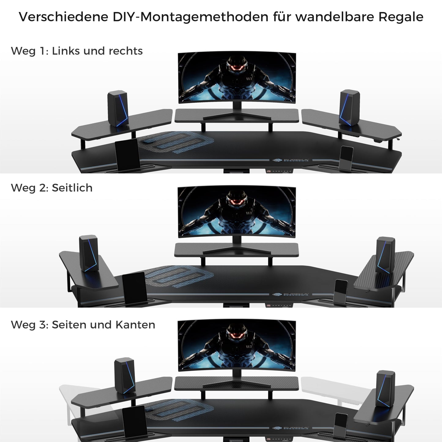 EUREKA ERGONOMIC Height Adjustable Desk 182 x 76 cm Standing Desk in Wing Shape Gaming Table Height Adjustable Electric Large Gaming Desk with LED Monitor Stand and Keyboard Shelf