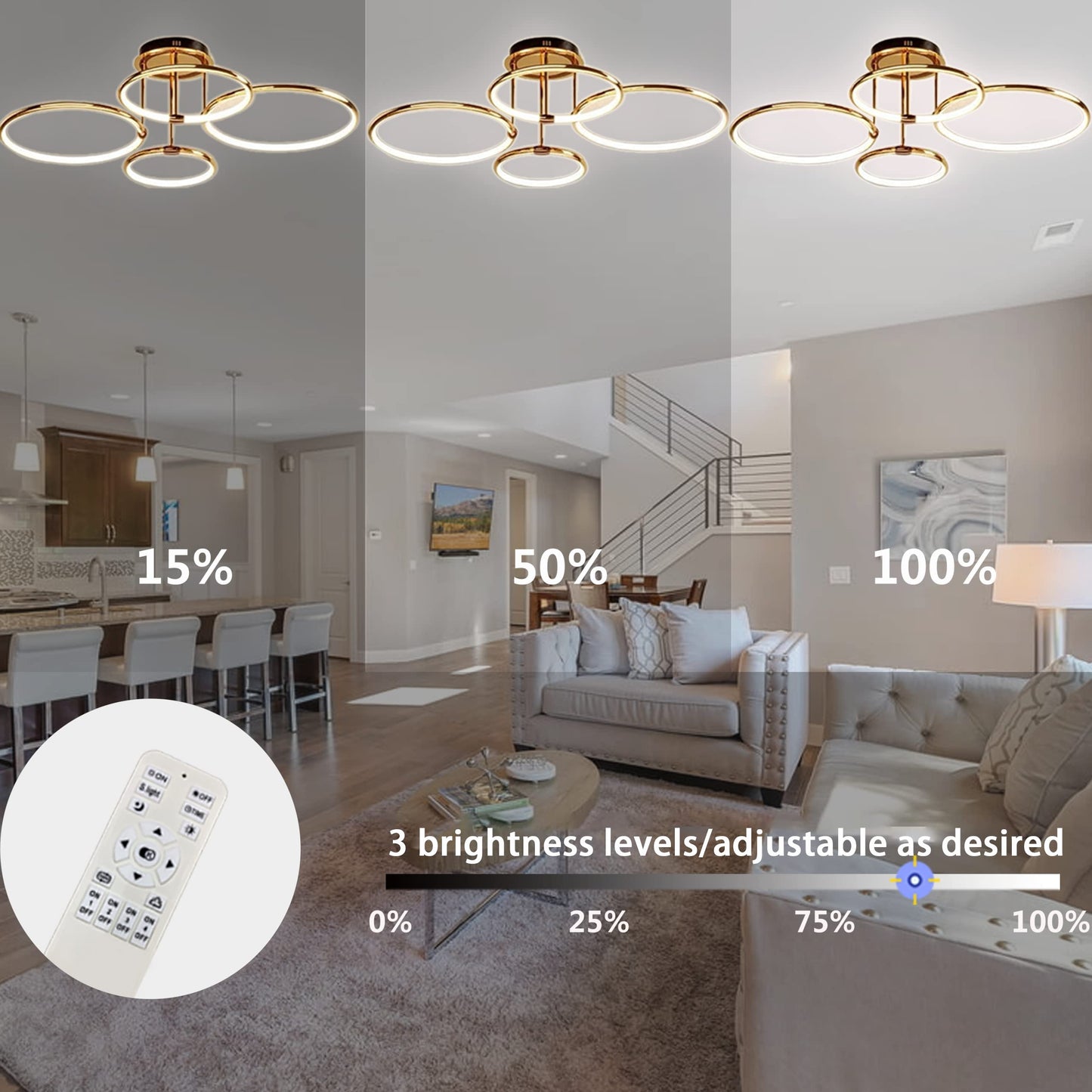 LED Deckenleuchte Modern Design Deckenlampen Gold 5-Ring Lampen Dimmbar Wohnzimmerlampe mit Fernbedienung, Aluminium Led Beleuchtung für Wohnzimmer Schlafzimmer Küche Esszimmer Büro 93cm, 108W…