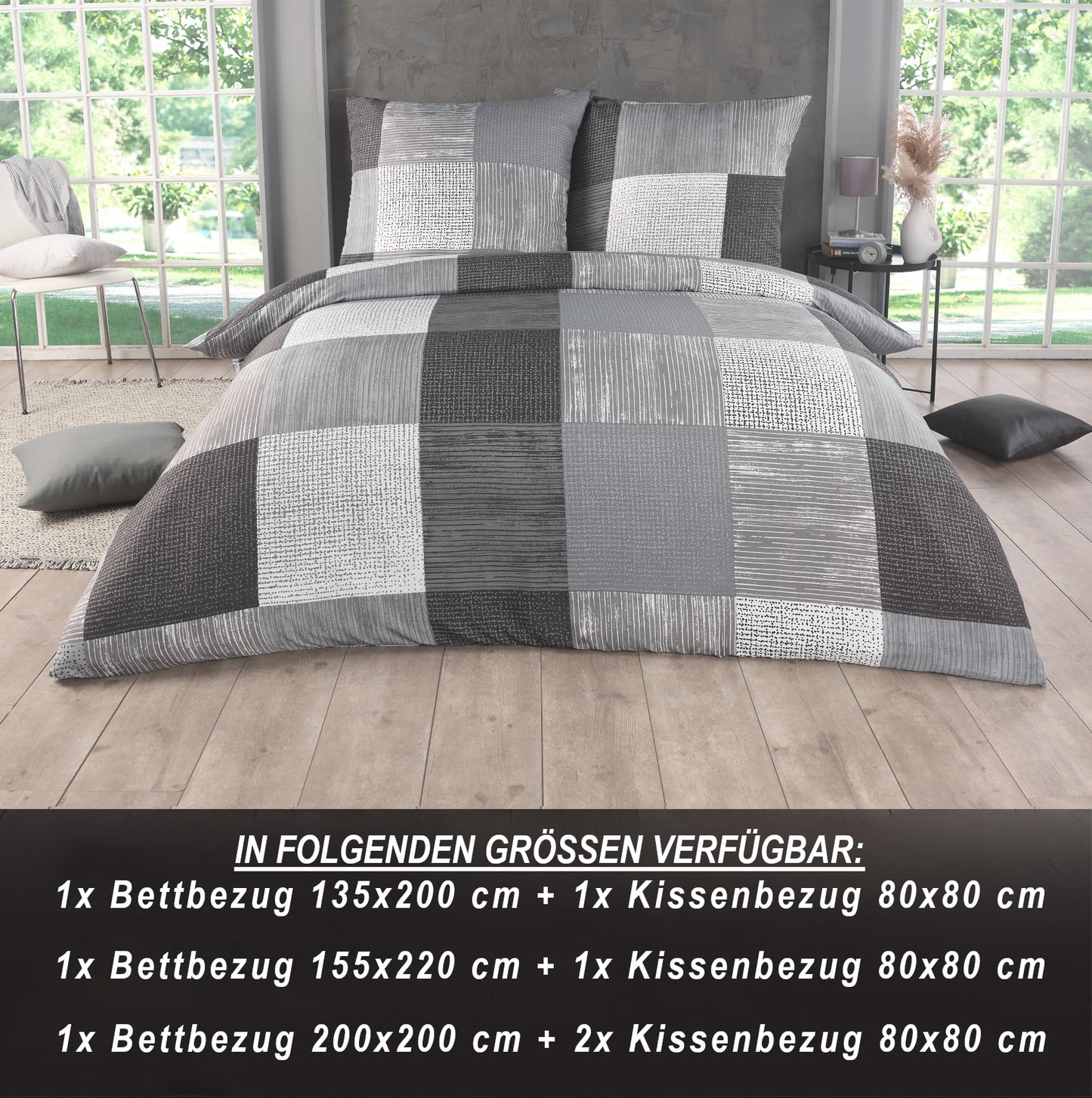 Bed Linen 135 x 200 cm 2-Piece Microfibre Duvet Cover 135 x 200 cm + Pillowcase 80 x 80 cm Breathable Fabric with Zip for Single Bed Modern Checked Design Grey