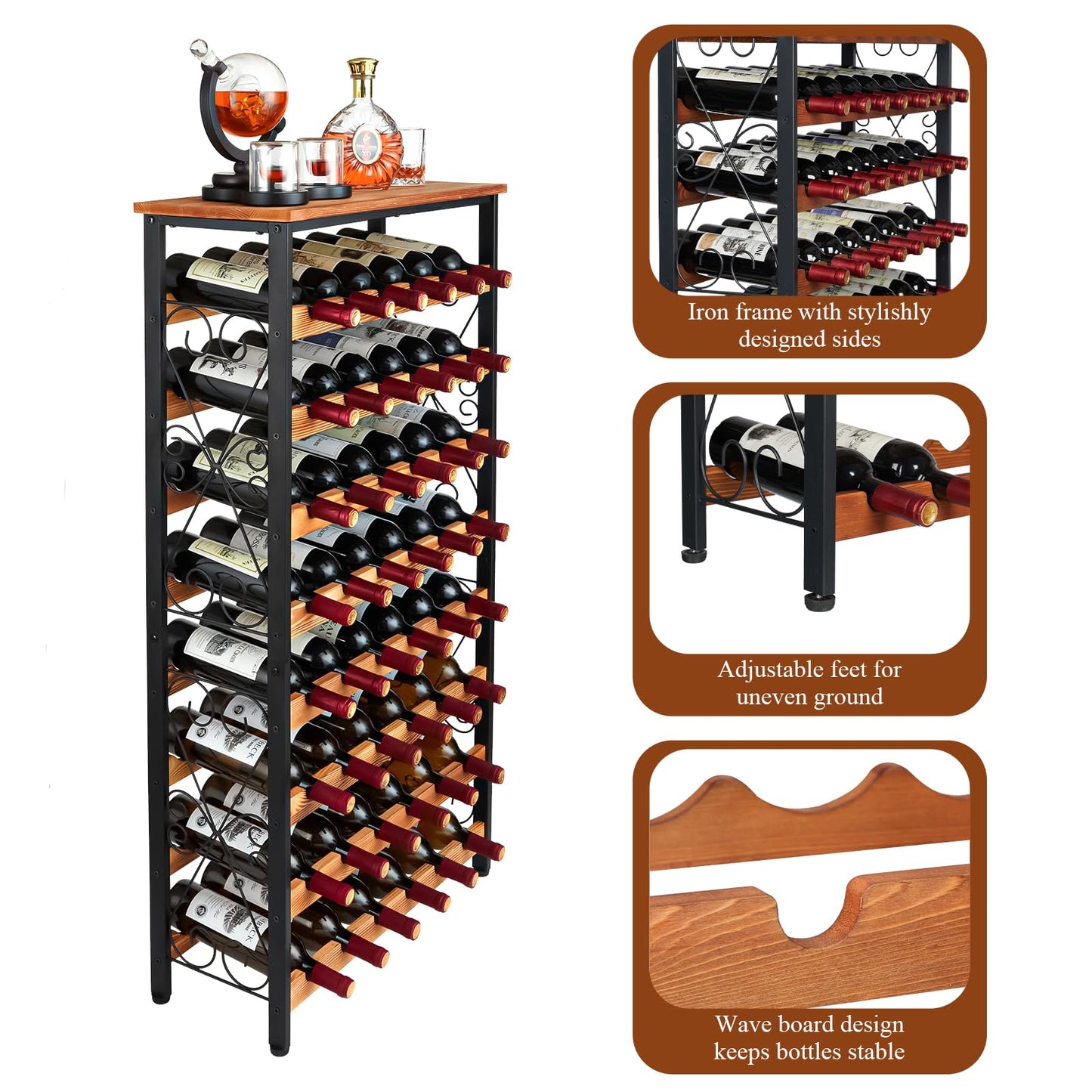 Weinregal für 48 Flaschen mit Holzplatte, freistehendes Weinflaschen-Organizer-Regal, wackelfrei, 8 Etagen, Weinständer für Küche, Speisekammer, 64 x 27 x 120 cm (L x B x H)