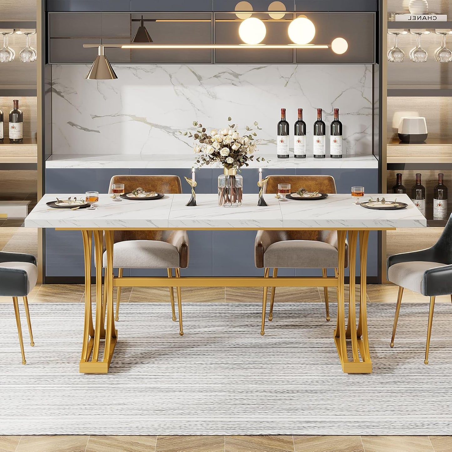 Tribesigns Dining Table for 4 to 6 People 160 x 80 cm Modern Kitchen Table with Faux Marble Top and Stylish Metal Legs, Large Dining Tables for Dining Room, Kitchen, White and Gold