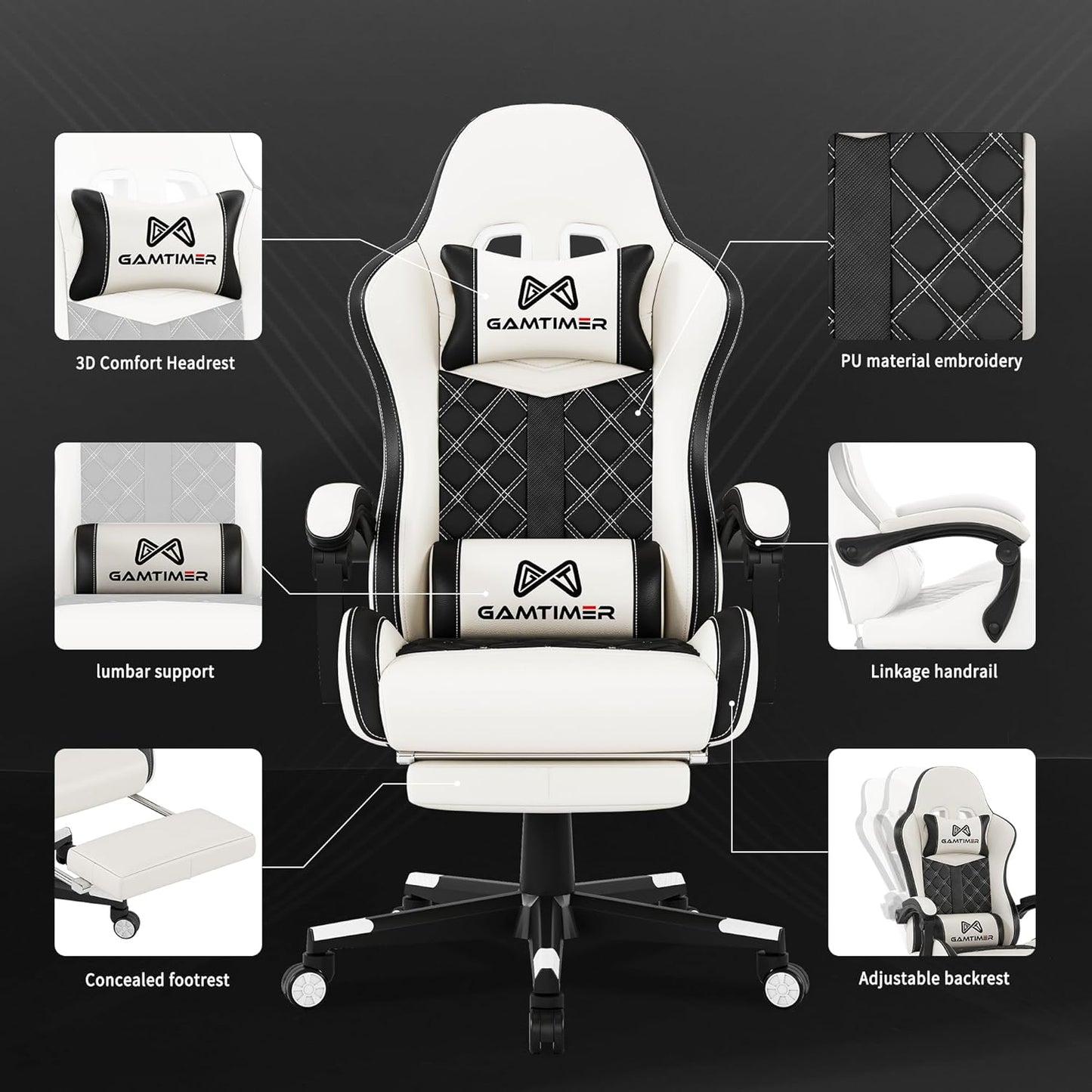 Gaming Chair, Ergonomic Office Chair, PC Chair, Gaming Chair, Lumbar Cushion and Footrest, PU Leather Gamer Chair, Adjustable Backrest from 90-155°, Height Adjustable 360° Swivel Chair (Pink)