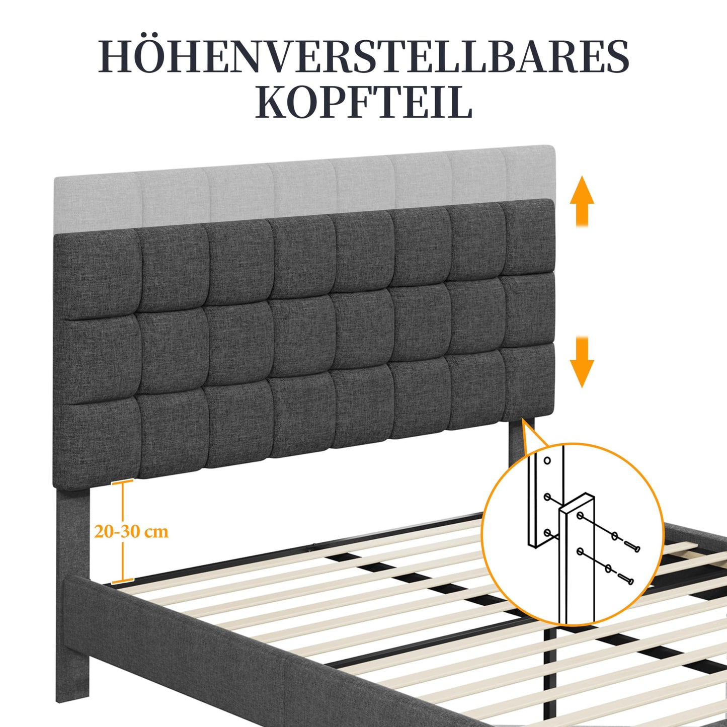 Yaheetech Upholstered Bed 140 x 200 cm Double Bed with Height-Adjustable Headboard, Sturdy Bed Frame, Fabric Bed with Slatted Frame, Padded Bed Frame, Youth Bed, Dark Grey