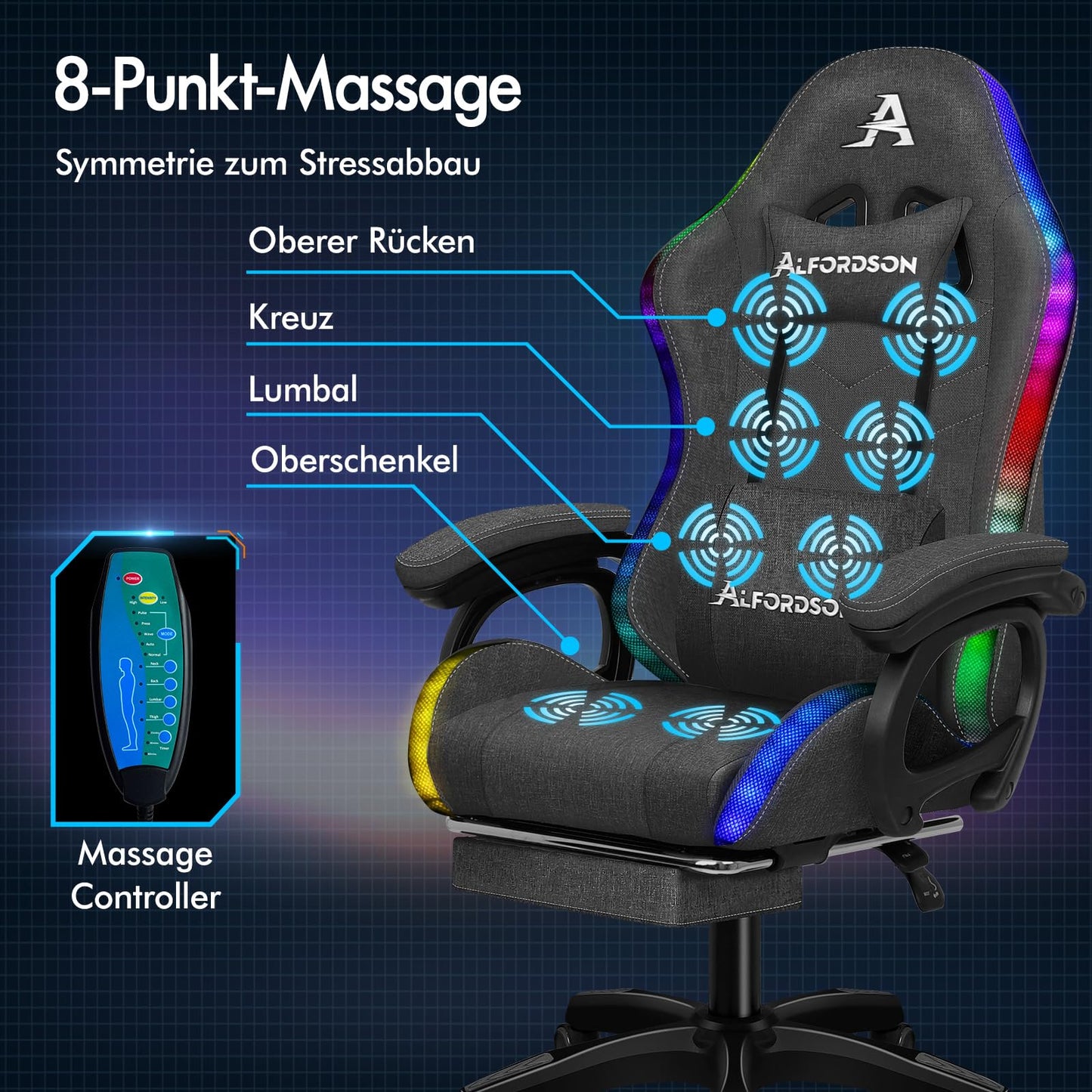ALFORDSON Gaming Stuhl mit 8-Punkt Massage 12 Farben RGB LED-Licht, Bürostuhl Ergonomisch mit fußstützen, Kopfstütze Lendenkissen für Kinder Erwachsene, Schwarz