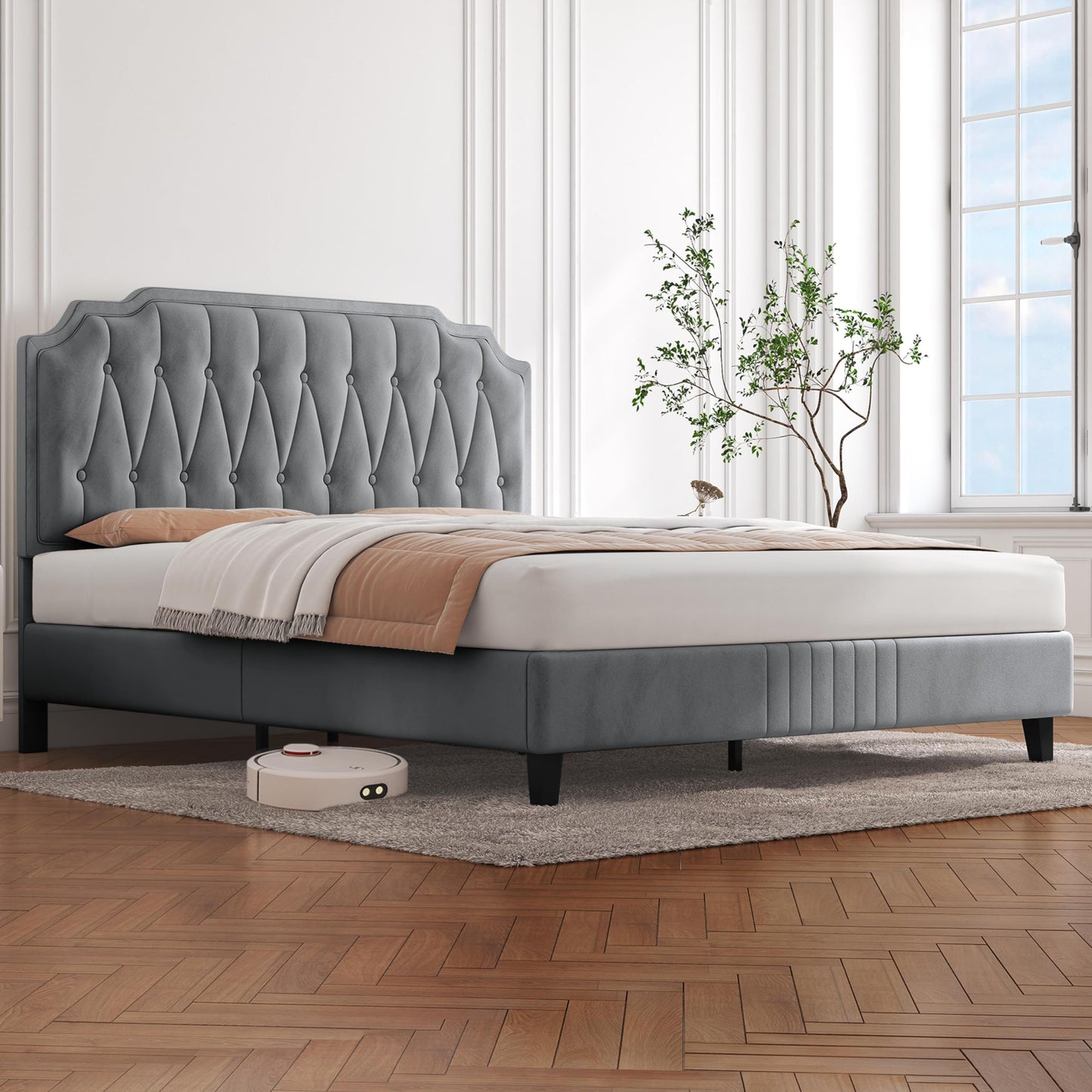 Yaheetech Upholstered Double Bed 140 x 200 cm Fabric Bed Youth Bed Padded Bed with Height-Adjustable Headboard Bed Frame with Slatted Frame, Dark Grey