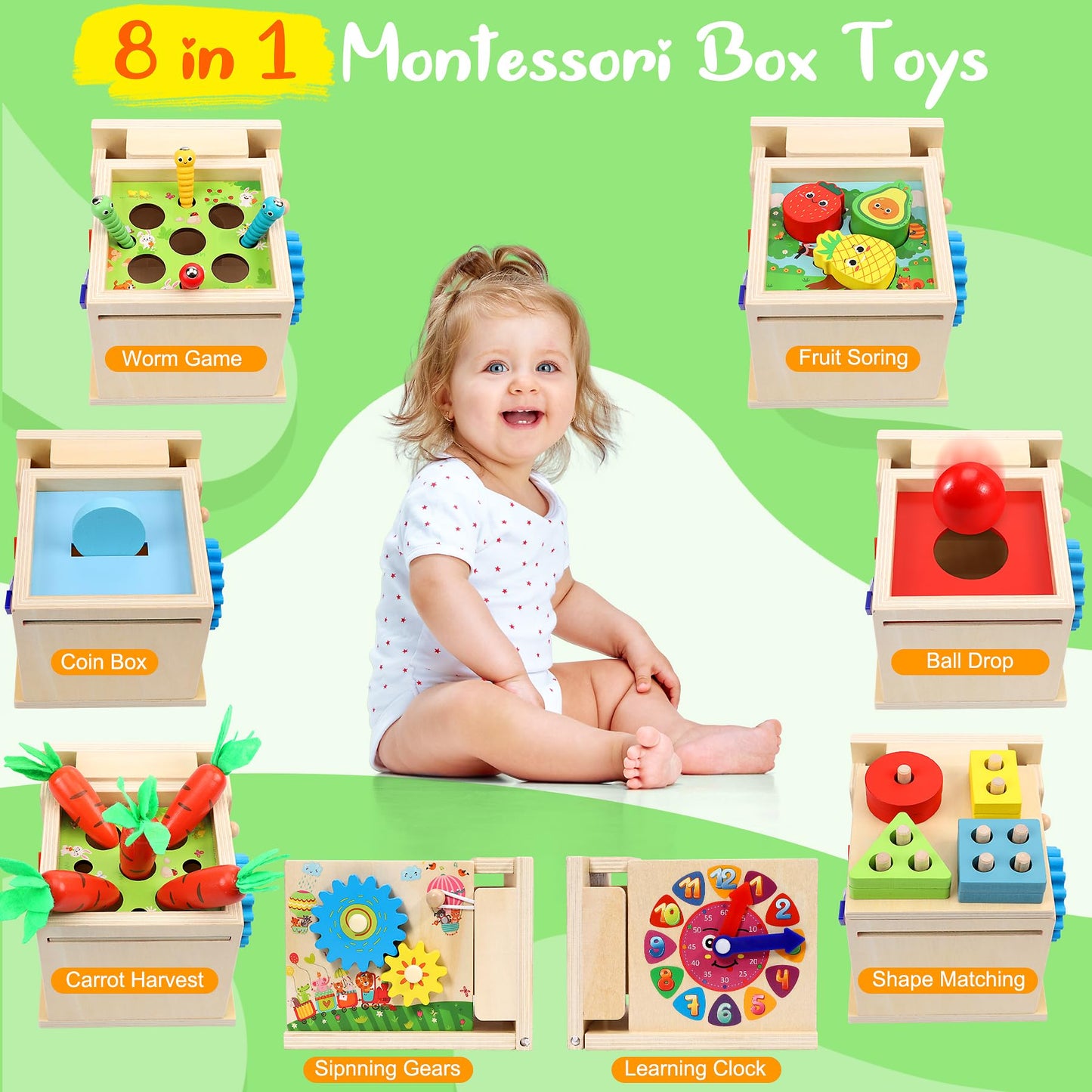 COOLJOY Montessori Toy from 1 Year | Wooden Toy Motor Skills Toy from 1 Year | 8-in-1 STEM Gift for Boys and Girls 2 3 4 Years