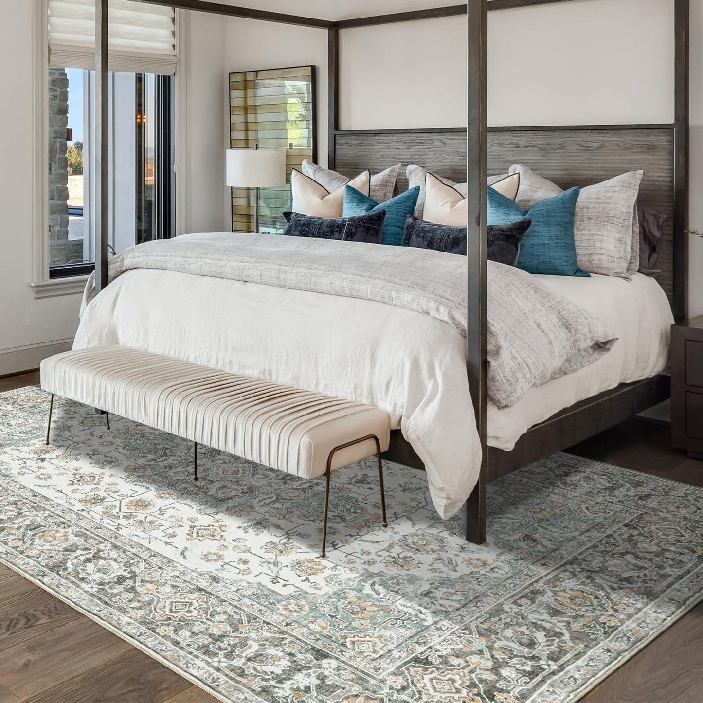 WONGS BEDDING Boho Rug Living Room Bedroom Short Pile Rugs Washable Soft Non-Slip Vintage Design