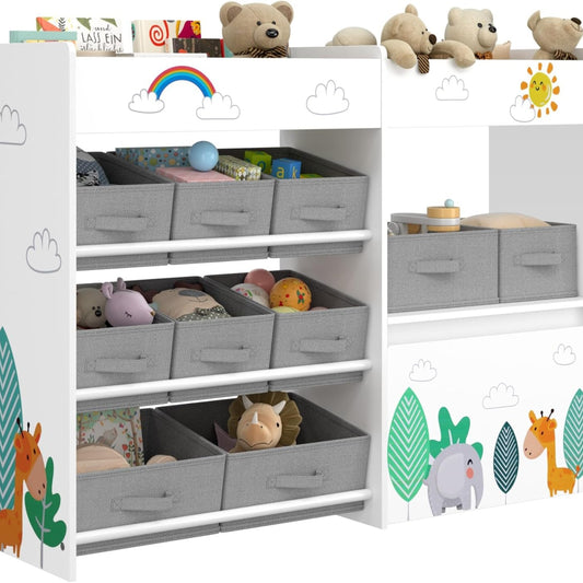 HOCSOK Spielzeugregal, Kinderregal mit 10 Stoff Aufbewahrungsboxen, Bücherregal, Spielzeugkiste auf Rollen, Spielzeug-Organizer im Kinderzimmer, Weiß