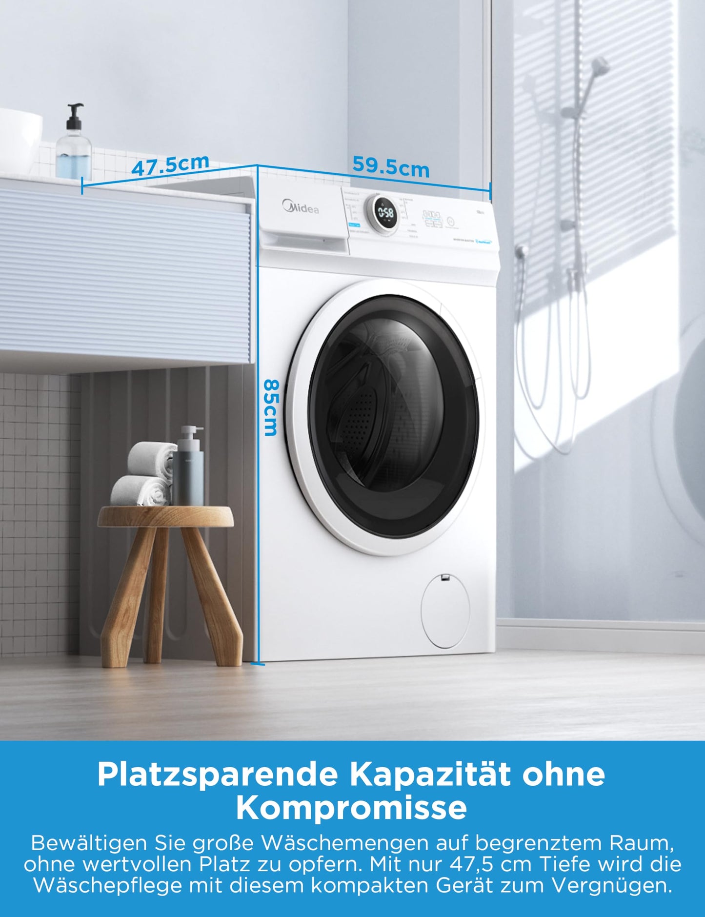 Midea MF10EW70BA10 Waschmaschine / 7kg / 1400 U/Min/EEK A-10%/Inverter Quattro Motor/Dampffunktion/Grosse Trommel/Nachlegefunktion/Kindersicherung/AquaStop, Weiß