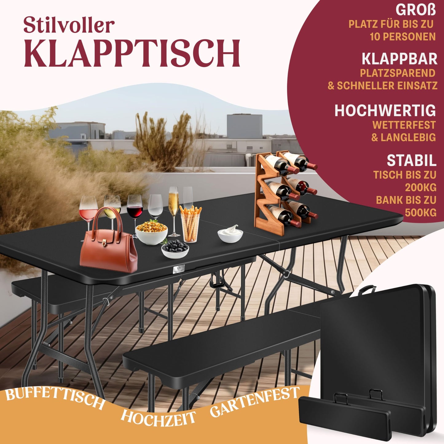 Kesser® Beer Tent Set – 3 Piece Set, Table + 2 x Bench, for Indoor / Outdoor, Folding, Carry Handles, HxWxD: 73 x 180 x 75 cm, Plastic, Rattan-Look Garden Set, Folding Table, Garden Table, Black