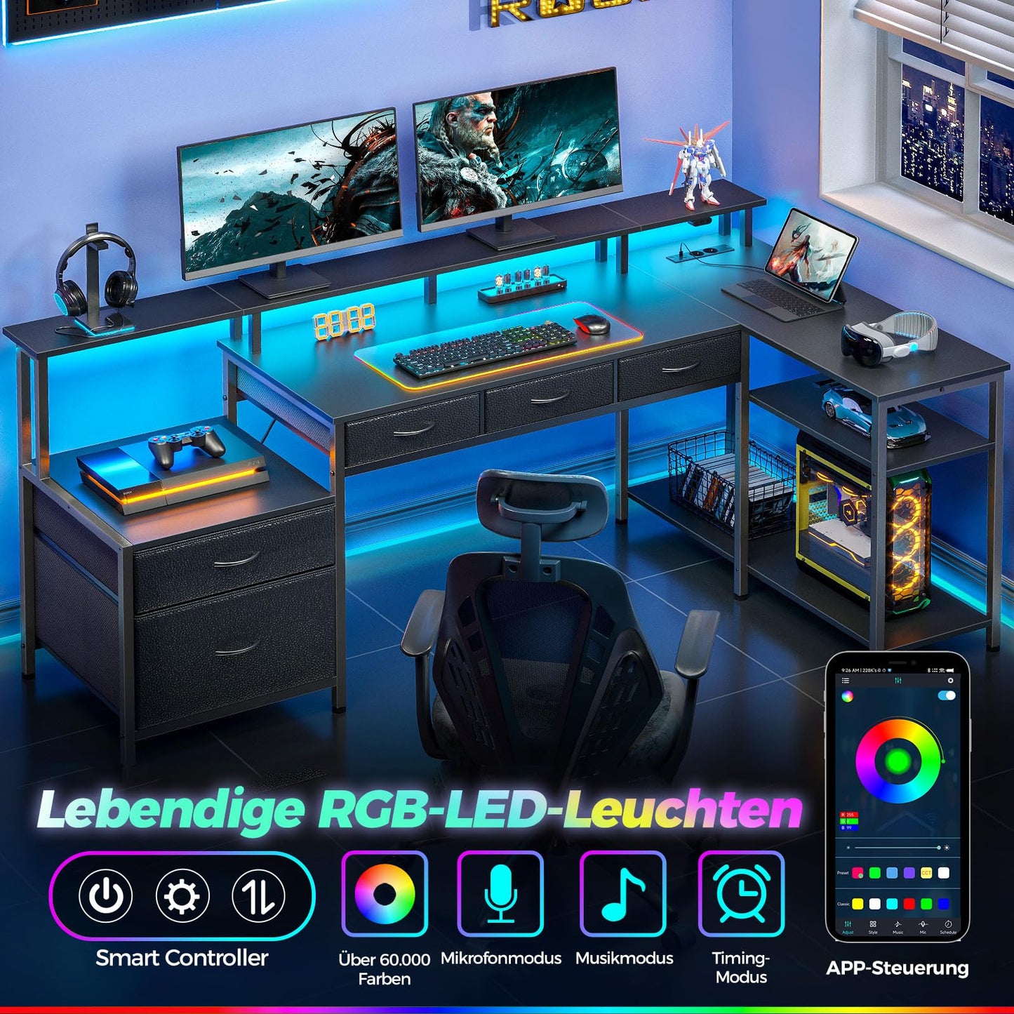 Seventable Schreibtisch L Form, Computertisch mit Steckdose, LED & Monitorständer, Reversibel Eckschreibtisch mit Schubladen, perfekt für Schlafzimmer Büro Wohnzimmer