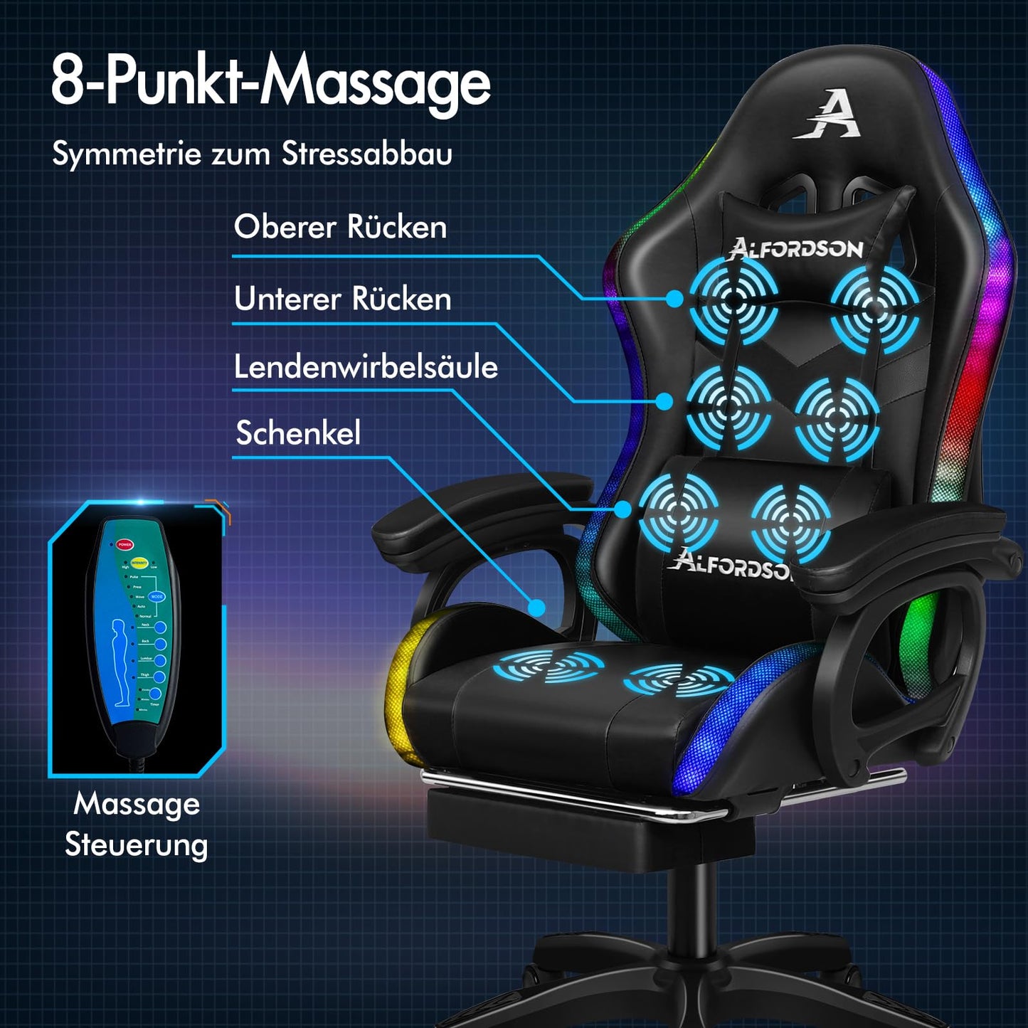 ALFORDSON Gaming Stuhl mit 8-Punkt Massage 12 Farben RGB LED-Licht, Bürostuhl Ergonomisch mit fußstützen, Kopfstütze Lendenkissen für Kinder Erwachsene, Schwarz