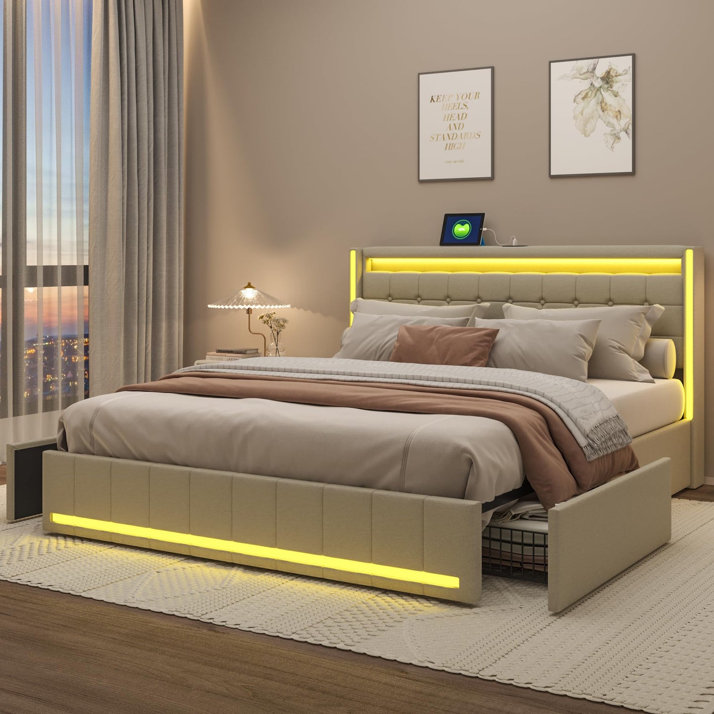 KeepGoon Doppelbett 140 x 200 cm,Polsterbett mit LED-Leuchten, 4 Eisenschubladen und einem USB Ladeanschluss,Stauraumbetten Bettgestell,Leinenstoff (Beige)