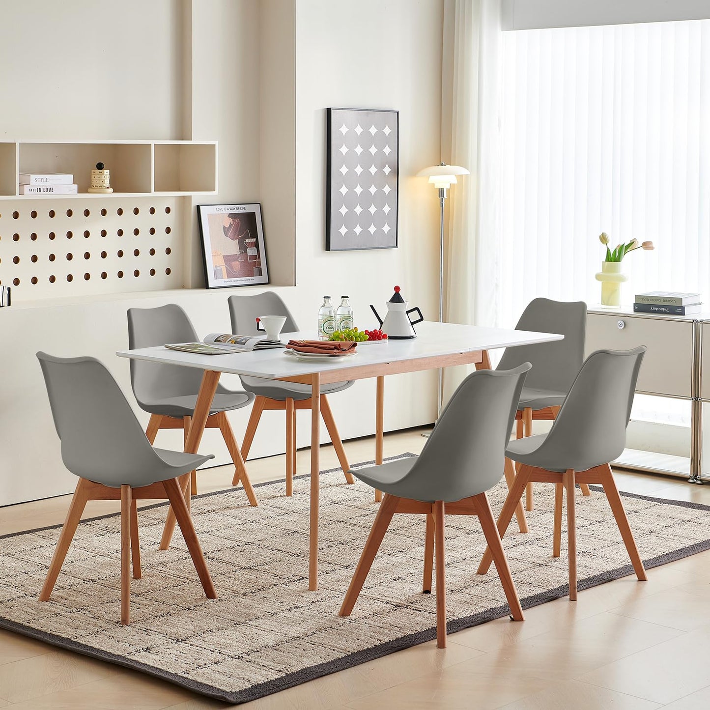 H.J WeDoo Esszimmergruppe mit 4 Essstühlen, Rechteckig Esstisch und Stühle für Esszimmer, Küche, Wohnzimmer, Weißer Esstisch und Graue Stühle