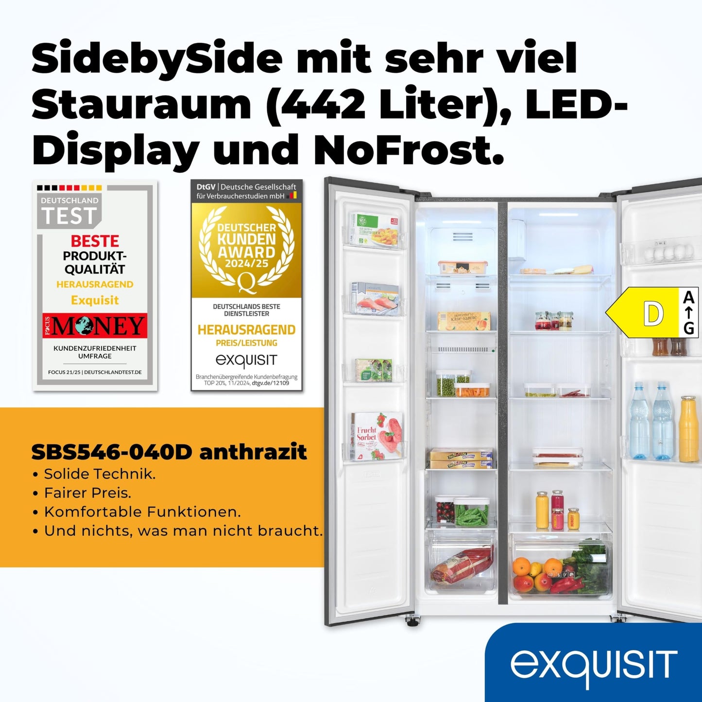 Exquisit SBS546-040E Side-by-Side Fridge-Freezer, 442 Litres, No-Frost, LED Display, 10 Shelves, Quiet Operation, 91 cm Width, White