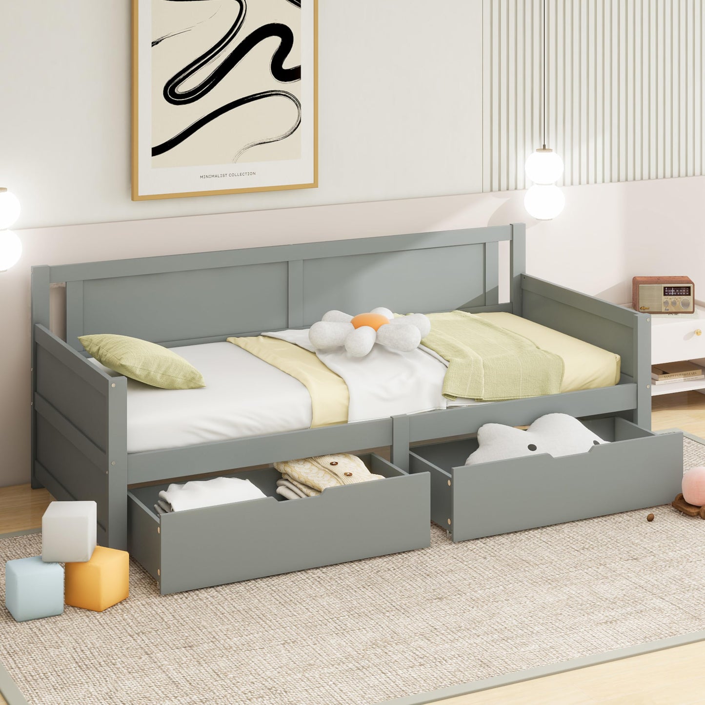Children's Bed 90 x 200 cm, Wooden Bed with Drawers and Board, Headboard with Bookshelf and Fall Protection, Bed with Slatted Frame and Storage Space, Teenager's Bed, Functional Bed, Wooden Bed Frame,