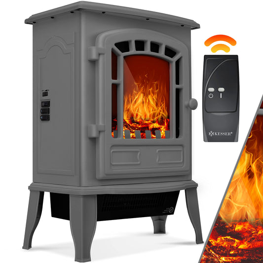 KESSER® Elektrokamin mit Heizlüfter & Fernbedienung 2000W Elektro Kamin Elektrischer Heizung LED Kaminfeuer Effekt Kaminofen Flammeneffekt Heizer Ofen geräuscharm regelbar Grau