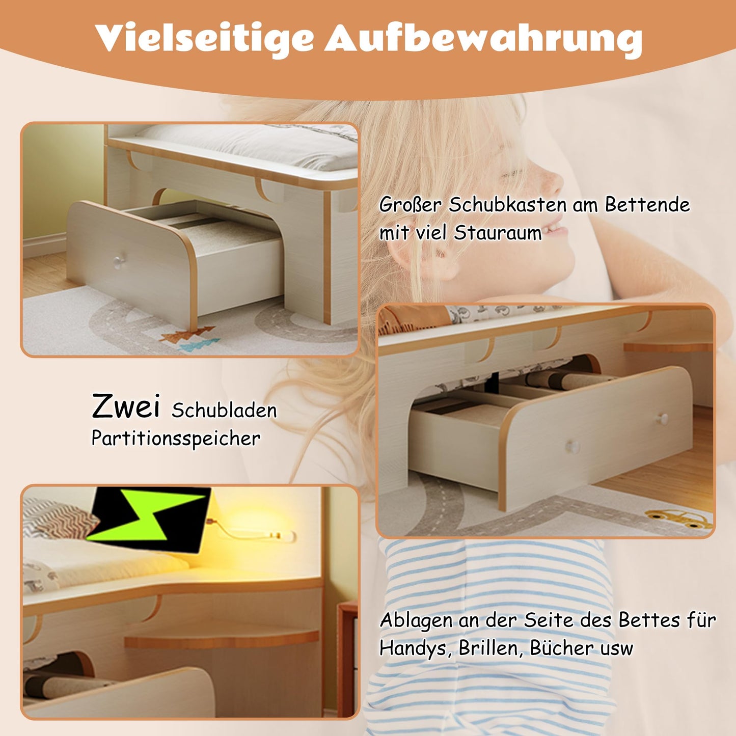 RIAZOS Kinderbett Holzbett 90x200 cm, Massiveholz Einzelbett mit Schreibtisch und Schubladen, Stauraumbett mit Lattenrost, für Jungen & Mädchen, ohne Matratze, Weiß