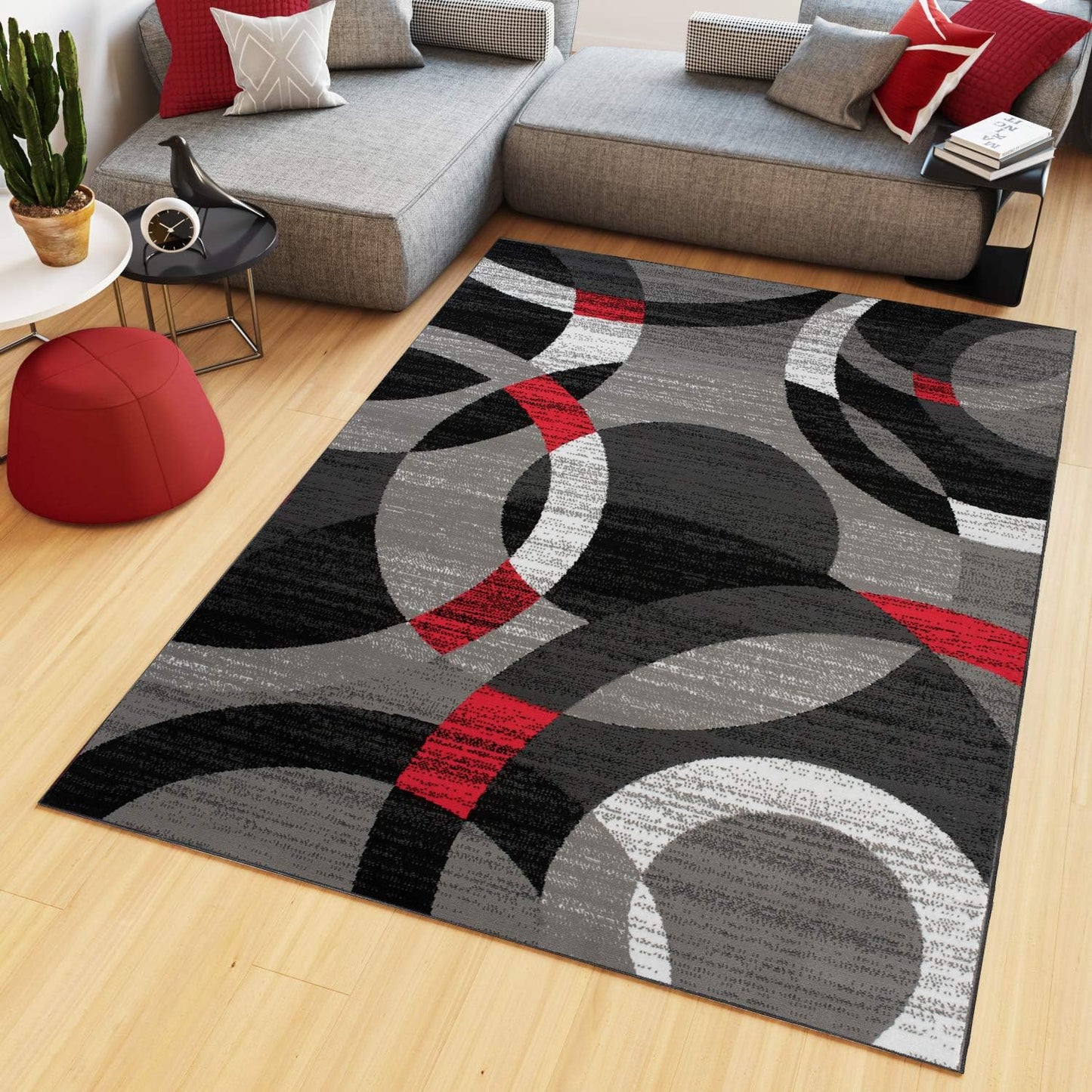 TAPISO Maya Short Pile Rug, Modern Blurred/Heathered/Striped Design, Black/Grey/Red/White, for Living Rooms, Bedrooms, OEKO-TEX, 200 x 300 cm