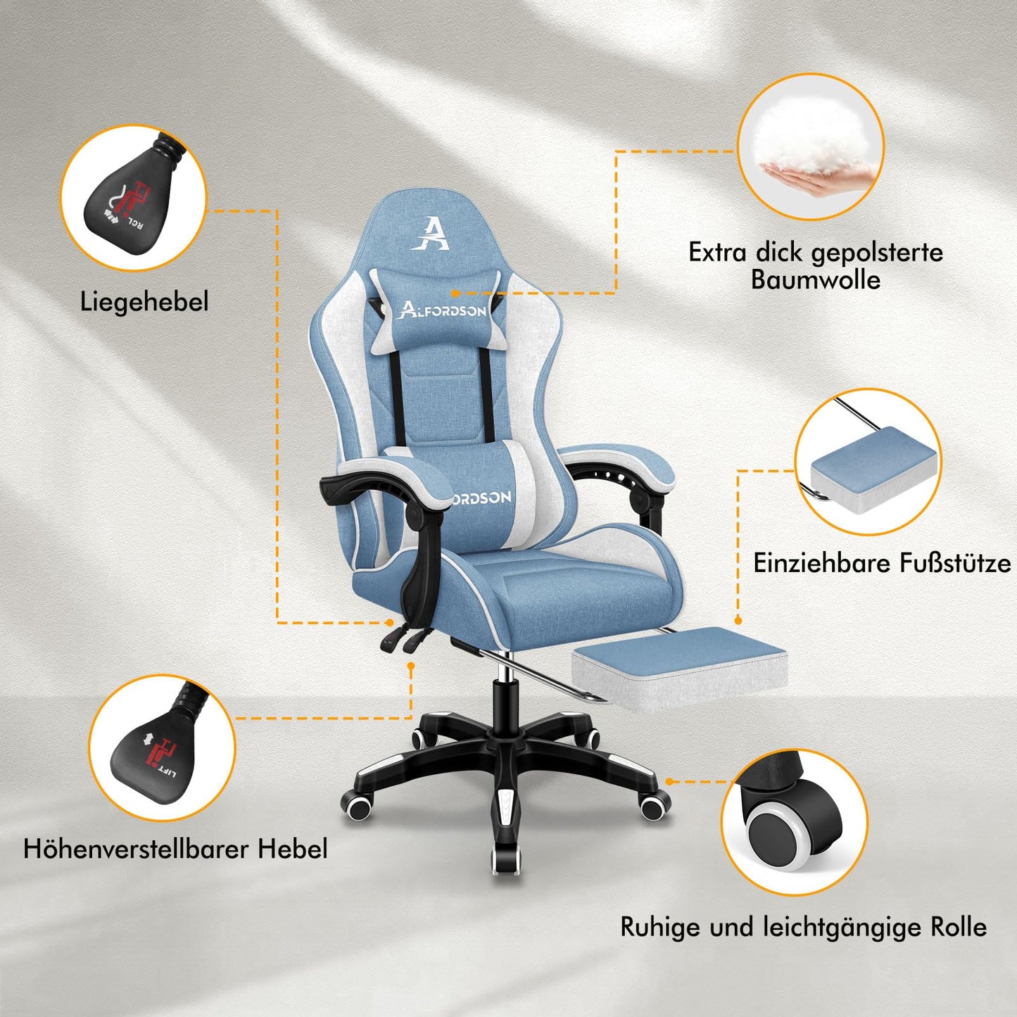 ALFORDSON Gaming-Stuhl mit Massage-Lendenwirbelkissen, ergonomischer Gamer-Racer-Stuhl mit Verstellbarer Rückenlehne, Drehstuhl mit Fußstütze, höhenverstellbar, Schwarz