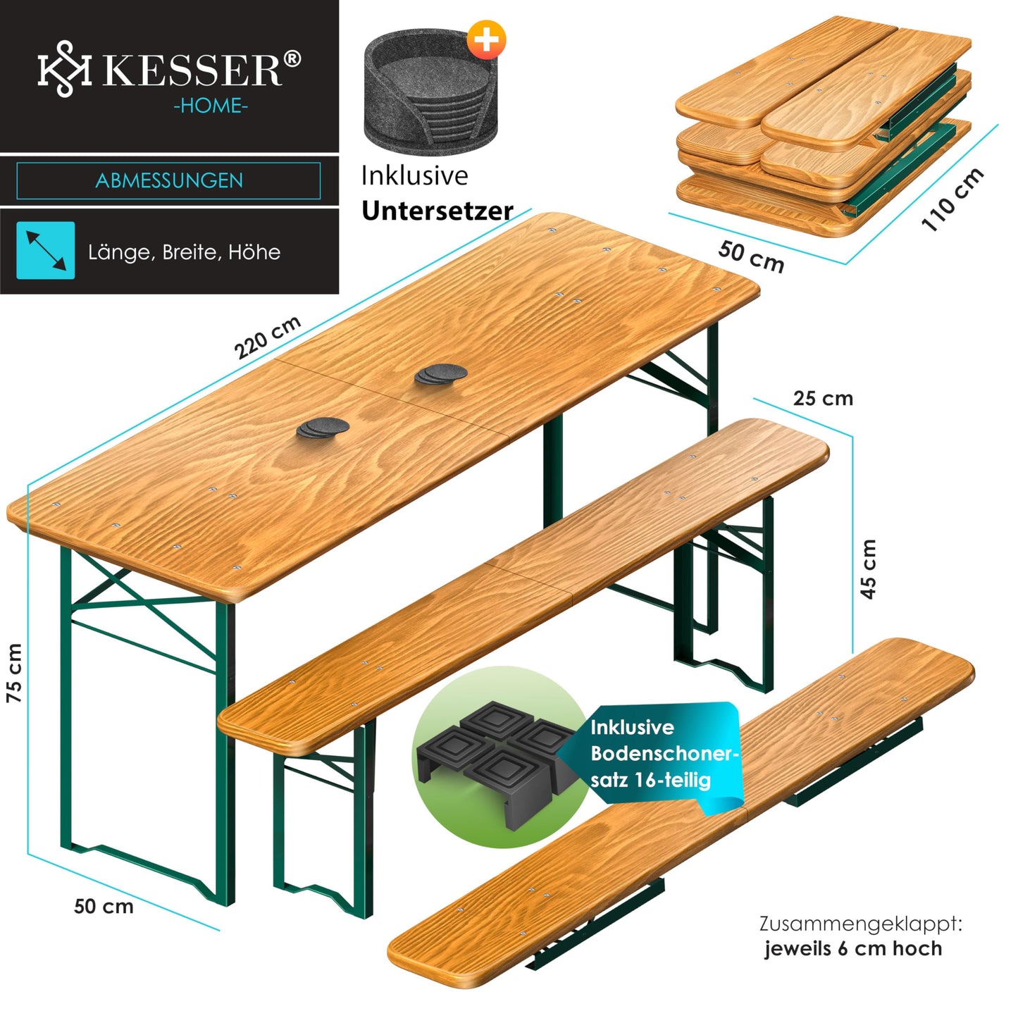KESSER® Bierzeltgarnitur 3 teilig Gartenmöbel-Set | Klappbar 220 x 50 x 77cm | 2X Bierbänke 1x Biertisch | Festzeltgarnitur Biertisch Stehtisch Sitzgarnitur Holz 16-teiliges Bodenschoner-Set