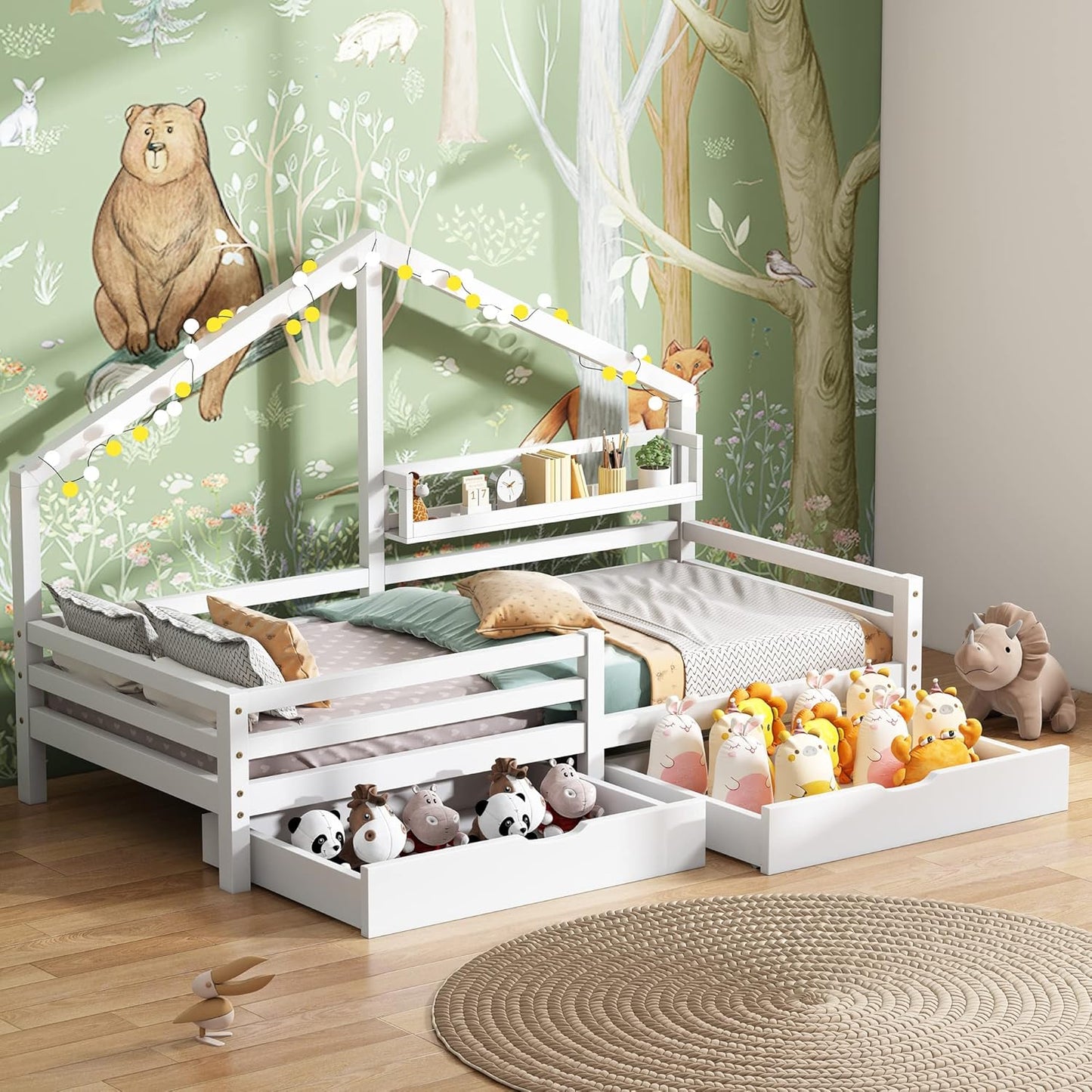 Merax Children's Bed 90 x 200 cm with Fall Protection, Children's House Bed with Drawers and Storage Shelf, Sturdy Wooden Tree House Bed with Slatted Frame, Play Bed for Boys and Girls, White