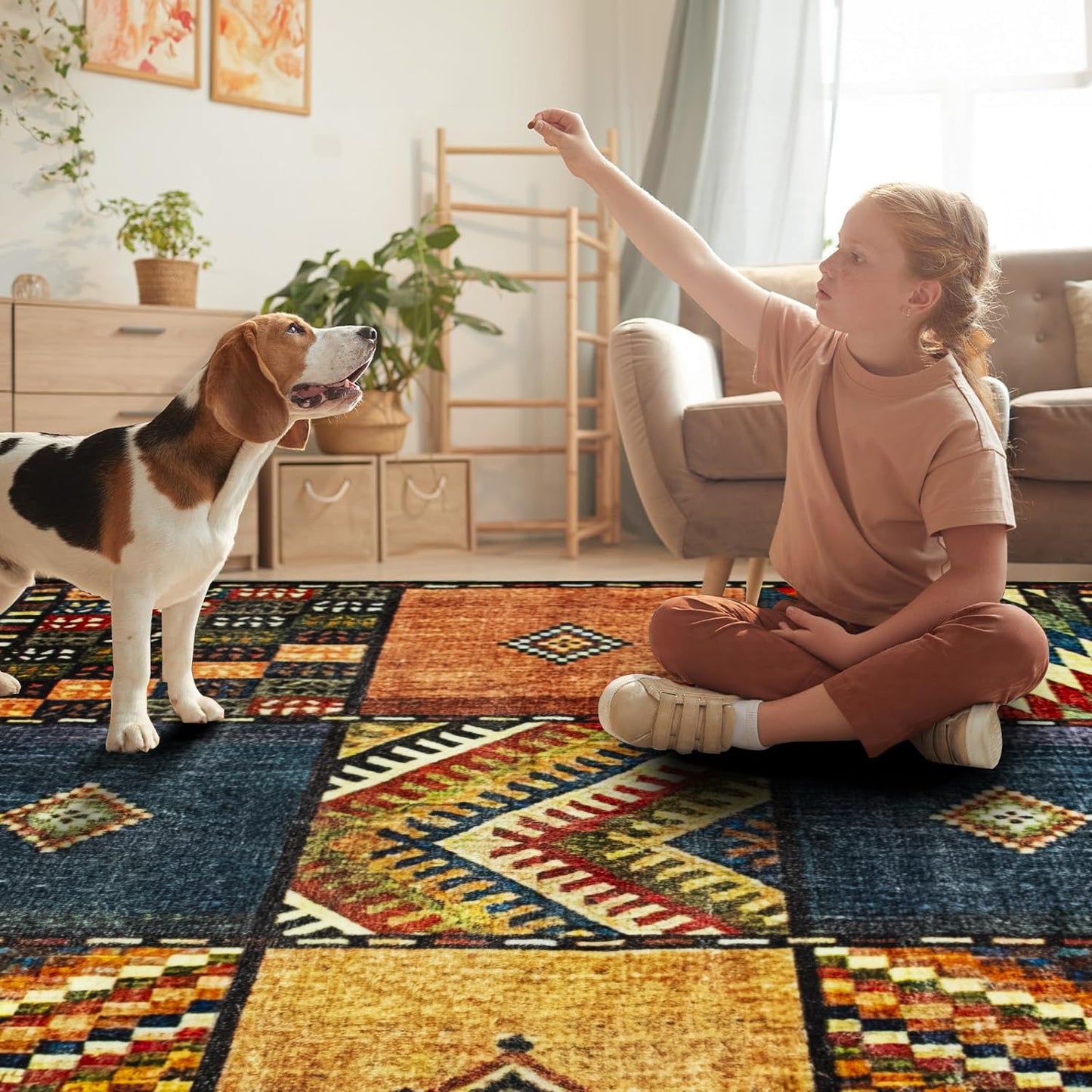 Teppich Quadratisch 160x160cm Vintage Flickenteppich Teppich Wohnzimmer Kurzflor Bunte Waschbar Rutschfest Easy Clean FüR Wohnzimmer, Schlafzimmer, Balkon, Auch FüR KüChe oder Esszimmer Geeignet.