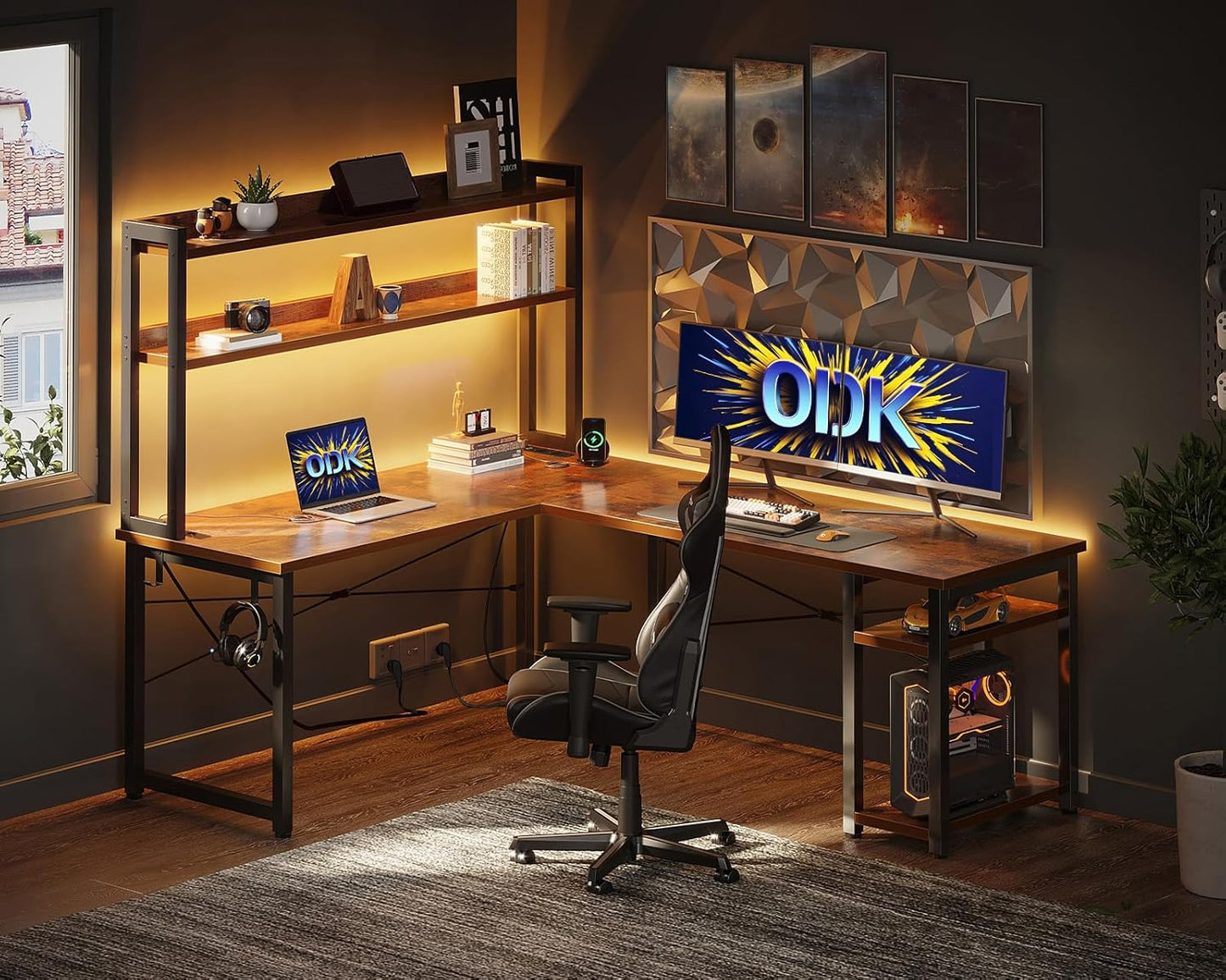 ODK Eckschreibtisch Weiß mit Stall, 150×120 cm Reversibel Gaming Tish L Form mit LED, Computertisch mit USB-Ladeanschluss&Steckdose, Gaming Schreibtisch für das Heimbüro