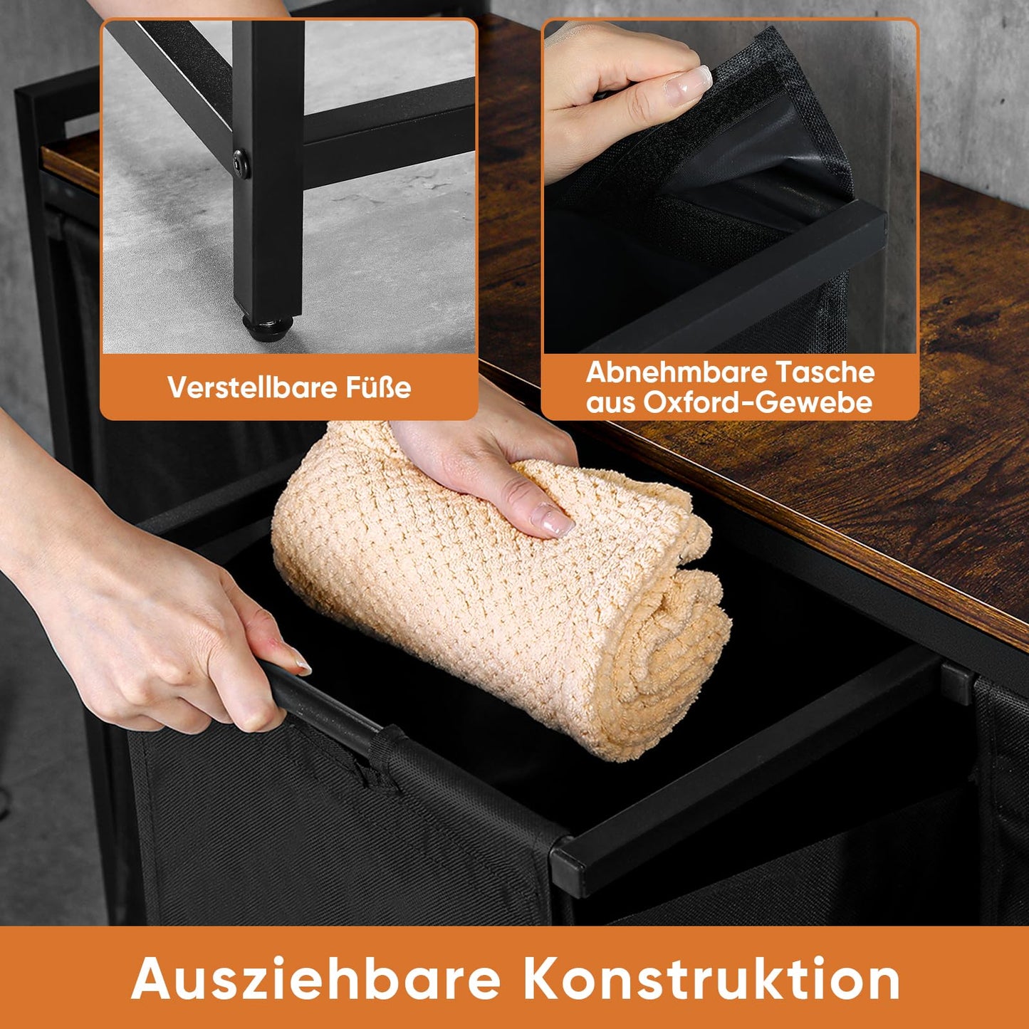 Laundry Basket, 3 Compartments, Laundry Hamper with Shelf, Total Capacity 160 L, Oxford Fabric Laundry Bag, Extendable, Removable, Laundry Box with Side Pockets and X-Shape Holder (3