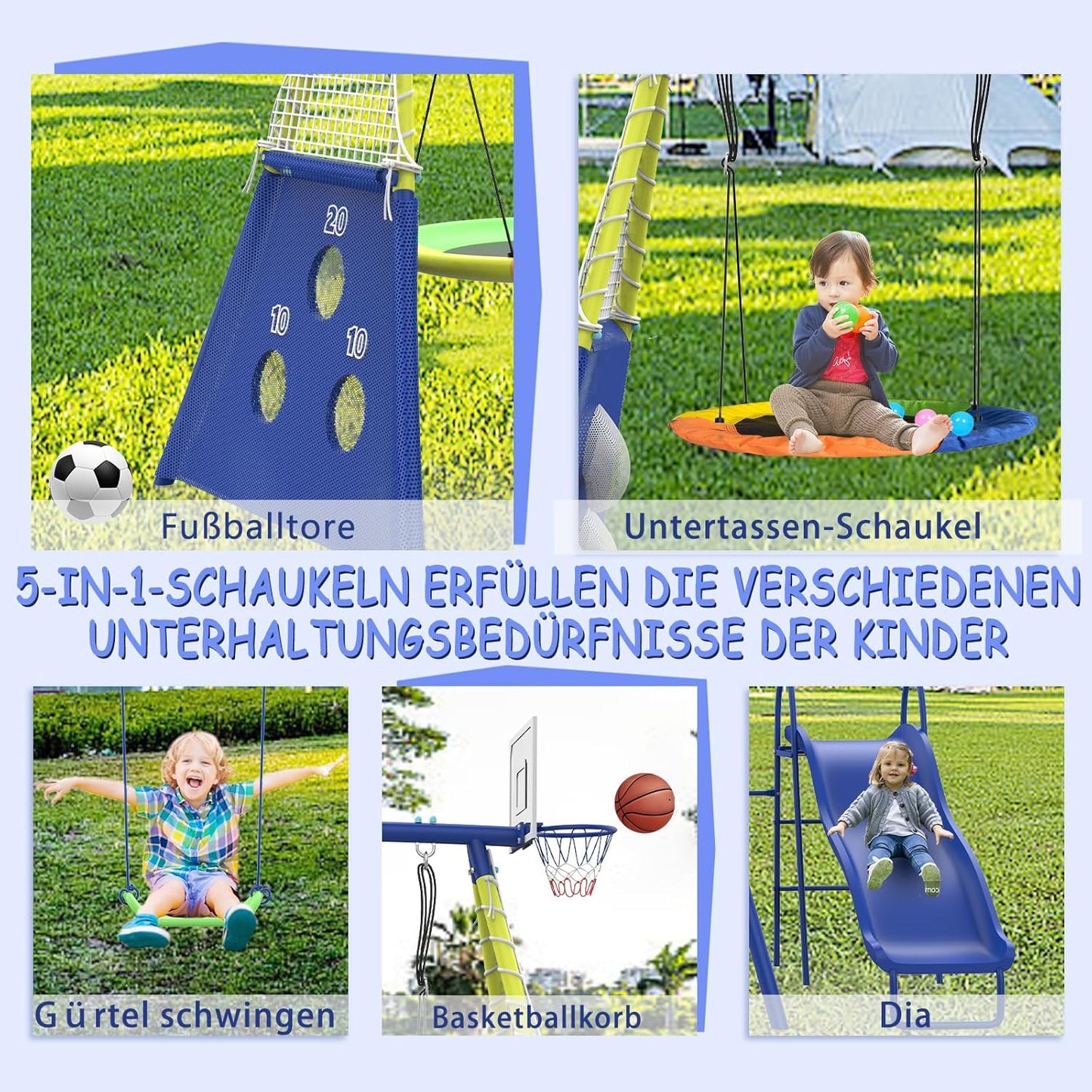 Redkid Schaukel-Sets für den Garten, Schaukel und Rutsche Set, Tragfähigkeit 440lbs 5 in 1 Outdoor-Schaukel-Set mit Rutsche, Untertasse Schaukel, Schaukel Sitz, Fußballtore und Basketballkorb