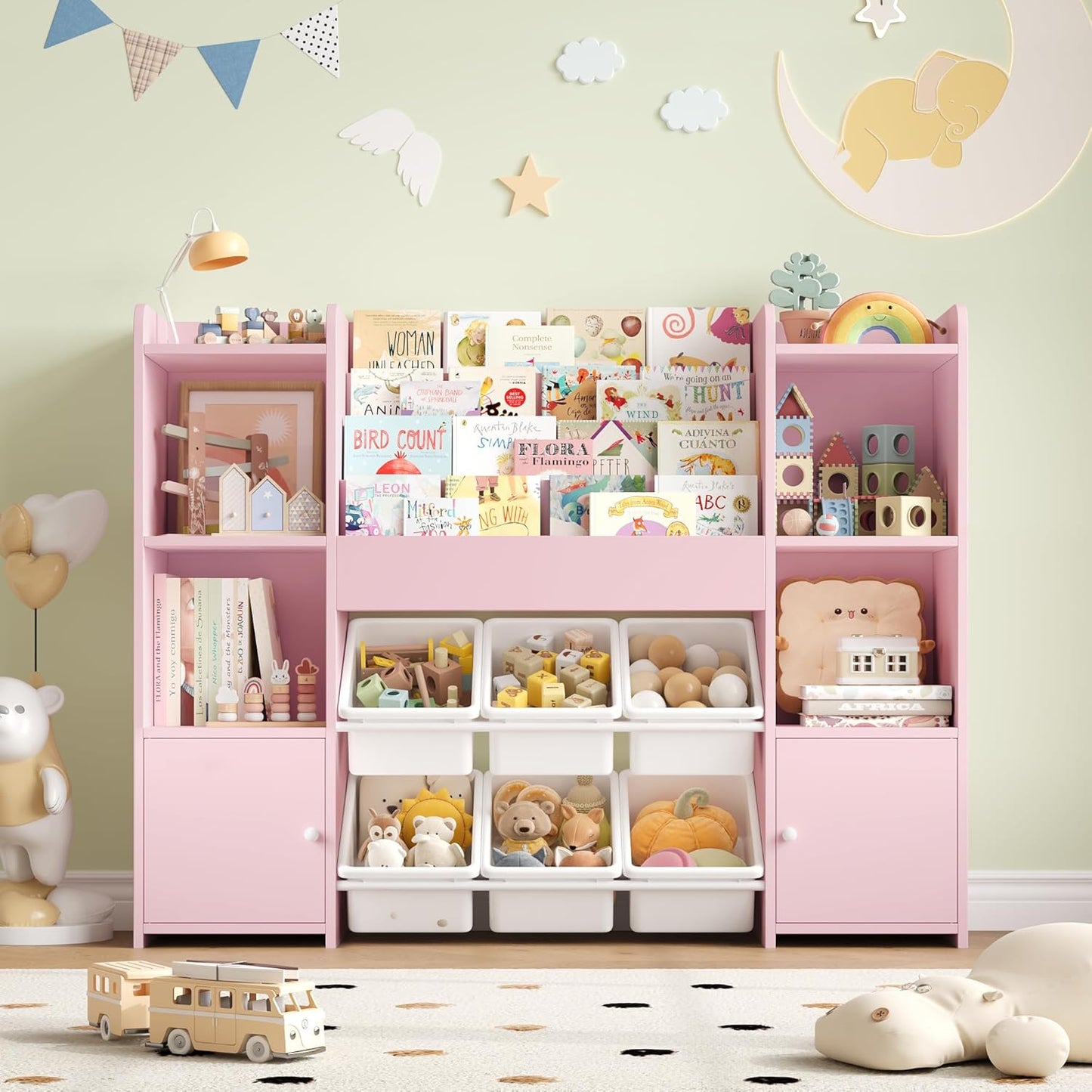 FOREHILL Children's Shelf with Children's Bookcase, Children's Room Furniture Made of Wood, Bookcase for Children with Storage Box, Children's Cabinet with Toy Box, Children's Shelf with 6 Boxes, 119