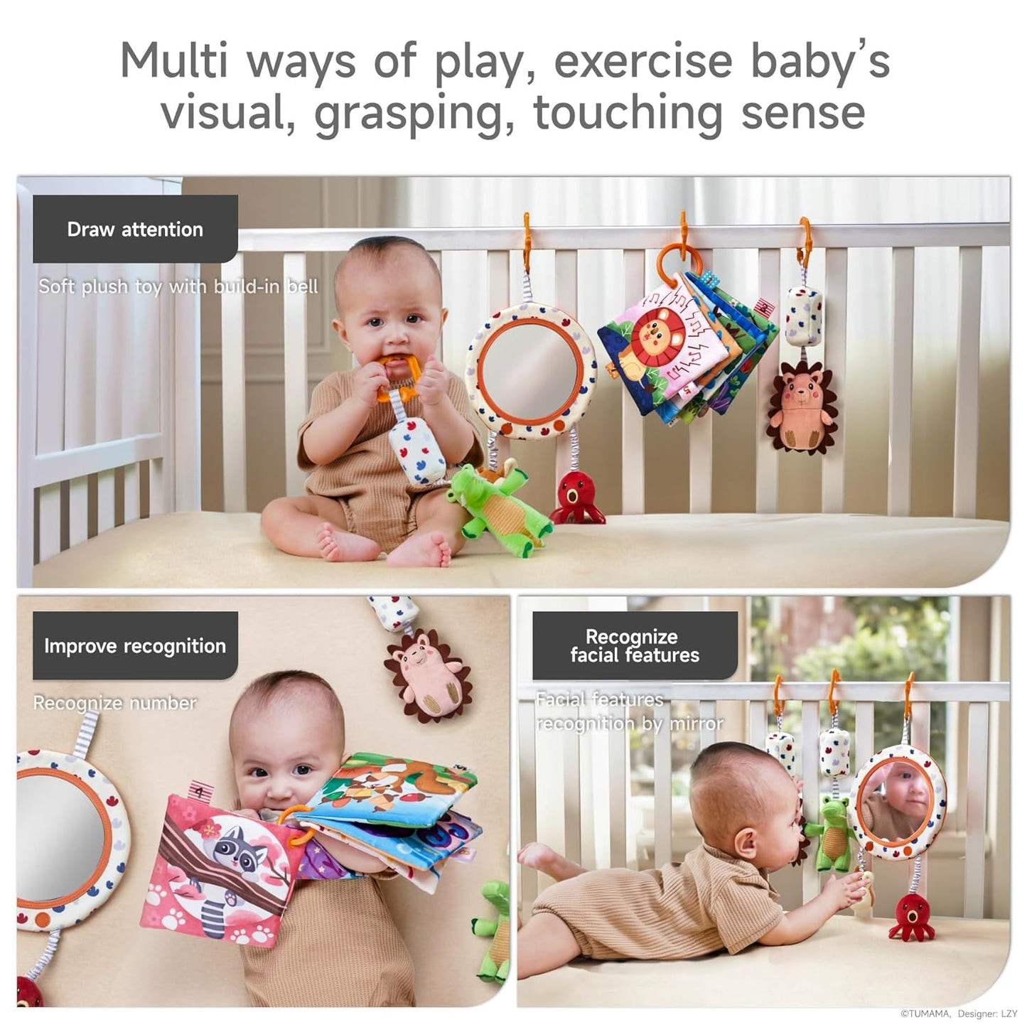 TUMAMA KIDS Baby Spielzeug mit Rassel, Spiegel, Knistertuch Buch, Sensorik Spielzeug für Kinderwagen, Kinderbett, Autositz und Bauchlage, Baby Geschenk Mädchen Junge 0-12 Monate